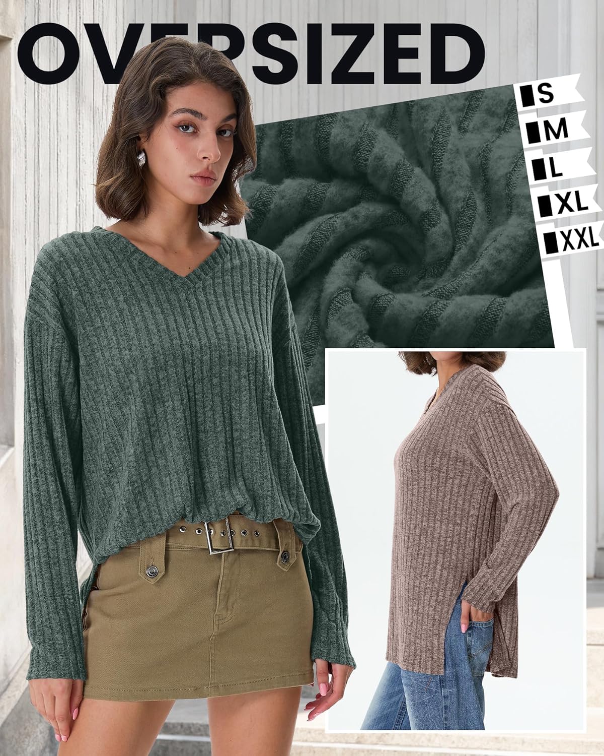 3 Pack Women's Long Sleeve Oversize Tops, V Neck Ribbed Sweaters Knitted Side Slits Tees Casual Pullover Shirts - Image 6