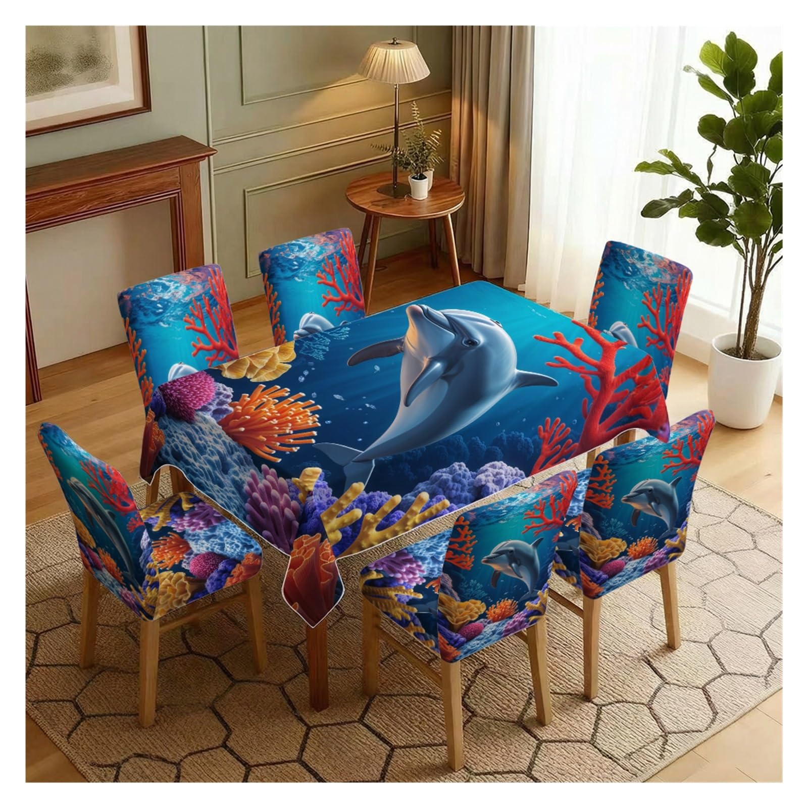 KXUAUV Ocean Dolphin Coral Underwater Pattern Print Stretch Dining Chair & Tablecloth Set, Coastal Tropical Dining Decor, 5/7 Pack Party Decor(7pcs Set: Tablecloth+Chair Covers)