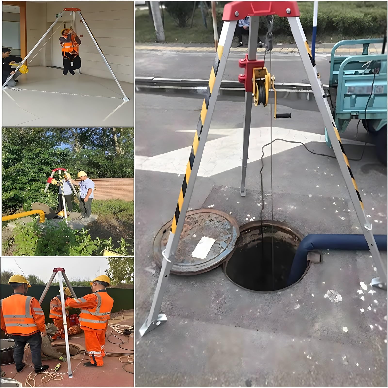 Confined Space Tripod Kit W/ Winch/safty Harness, Aluminum Lifting Tripod for Manhole/ Tunneling/ Cable Trench, Commercial Heavy Duty Retractable Legs Bracket Safety Tripod(1200 LBS Winch+Safe Belt)