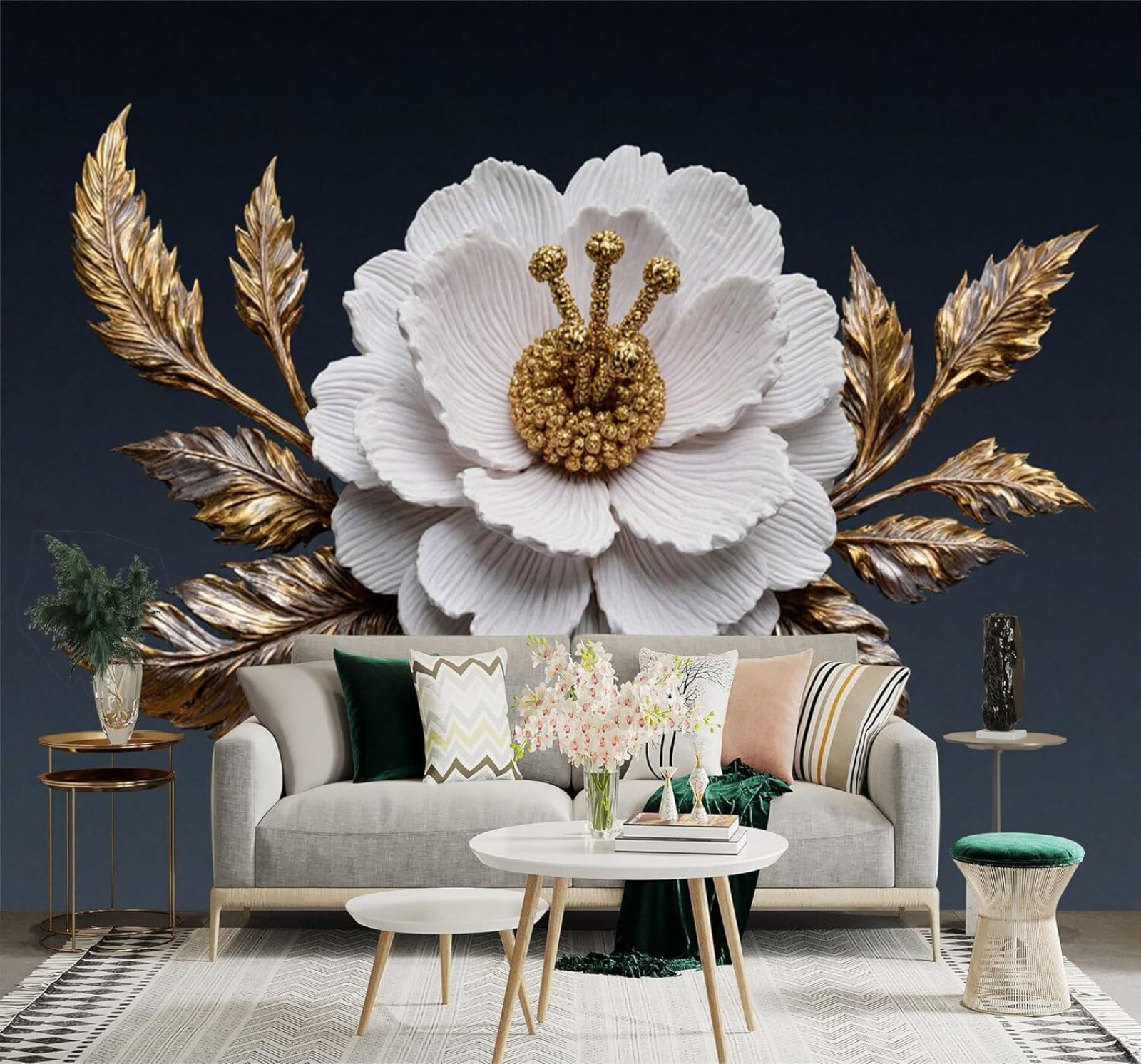 YueMingDi Elegant White Flowers Gold Metallic Leaves Art 3D Wallpaper Creative Modern Decoration Murals Home Decor Study Living Room Bedroom Sofa Background-200cm×140cm