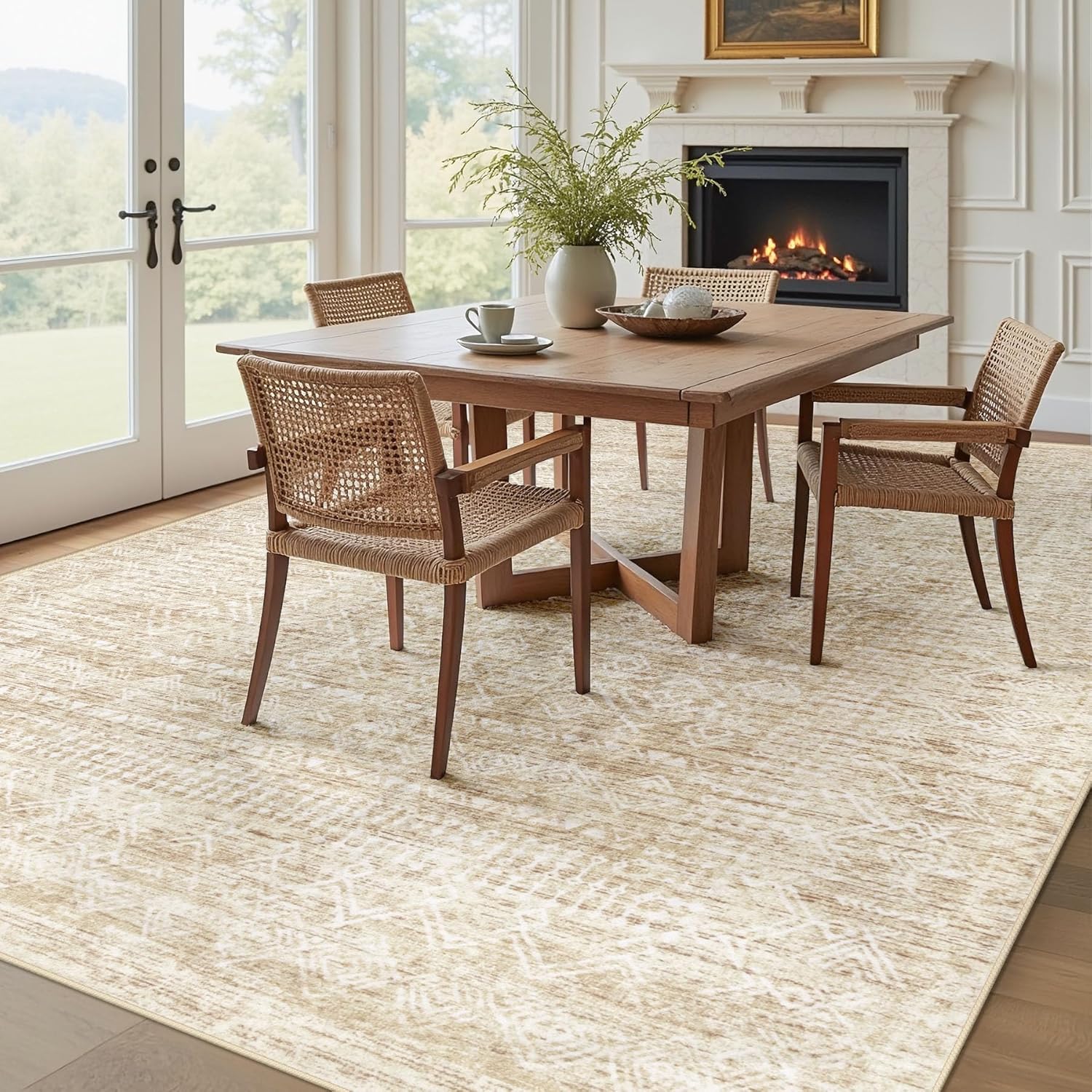 Living Room Rugs 8x10: Washable Moroccan Geometric Boho Rug Farmhouse Non Slip Stain Resistant Large Rug Low Pile Soft Carpet for Bedroom Dining Room Children Room (Beige,8'x10') Beige 8' x 10' (Rectangular)