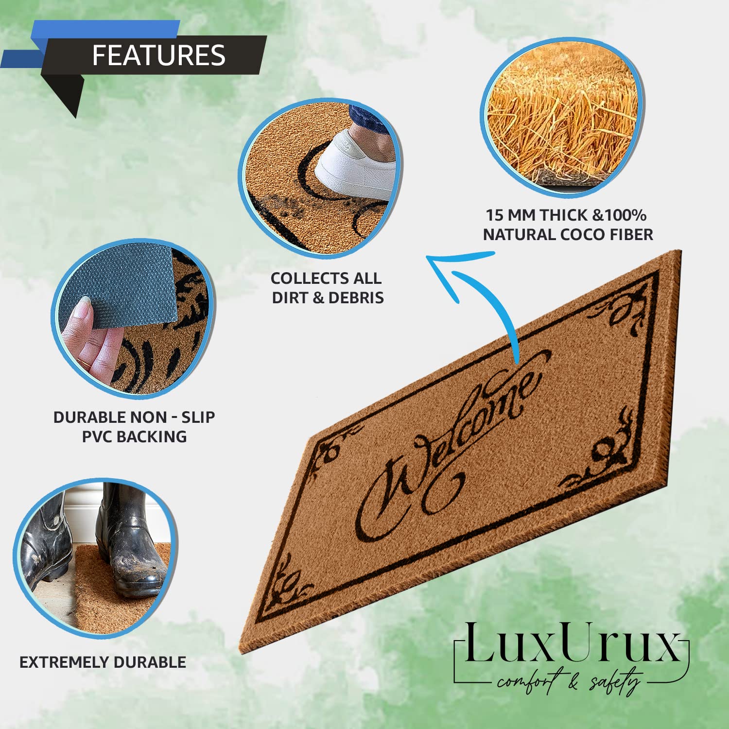 LuxUrux Welcome Mats - Felpudo de fibra de coco para exteriores, con respaldo de PVC resistente, natural, color y tamaño perfectos para uso en exteriores. (60 x 90 pulgadas, texto de bienvenida)