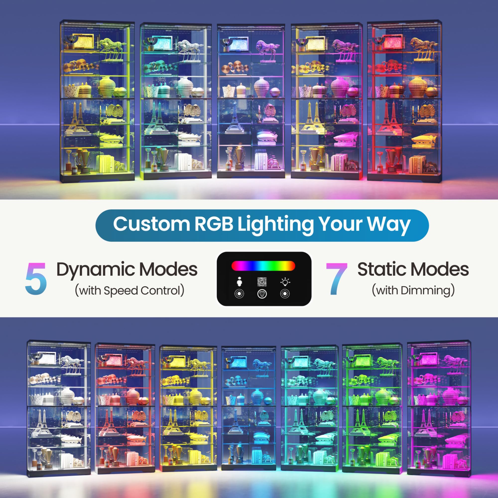 Lvifur Glasvitrine mit LED Beleuchtung und Glastüren für Wohnzimmer Schlafzimmer,35×78×180cm 5-Lagen Vitrinenschrank Vitrine mit Intelligente Sensorik für Sammlerstücke,Wein,Black