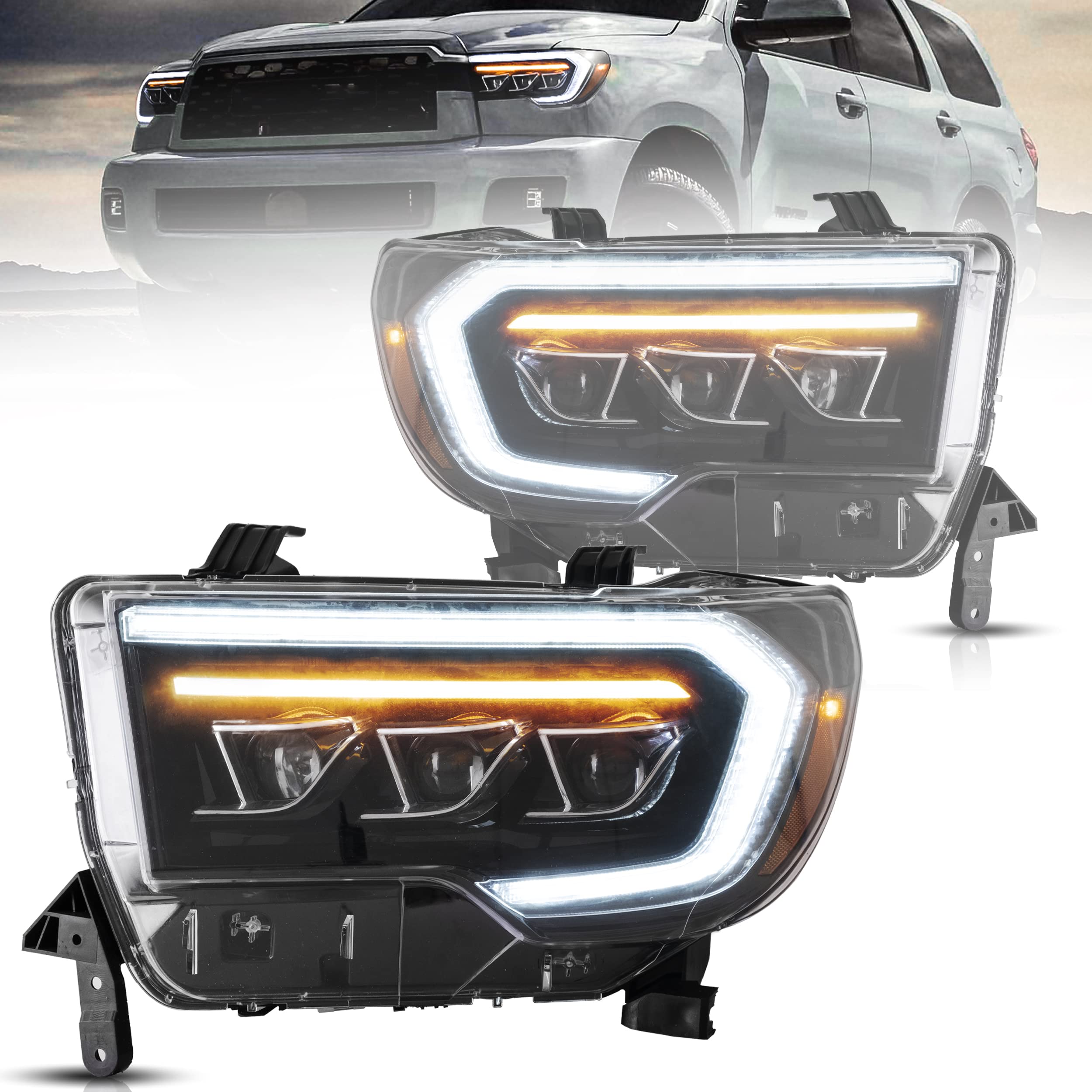 VLAND LED Headlights Fit for 2007-2013 Toyota Tundra 2nd Gen(XK50), 2008-2021 Sequoia SR5 2nd Gen(XK60), Projector/Amber