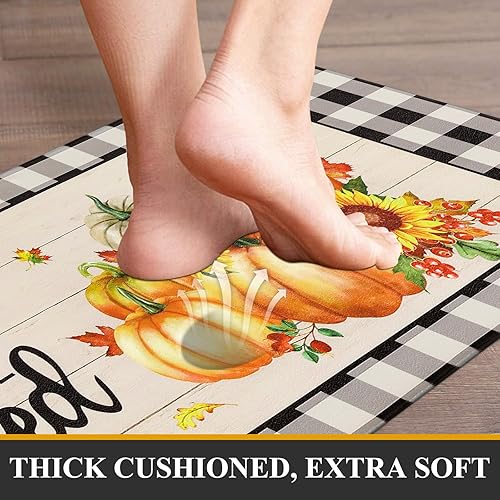 Miniatura 5 de Pauwer Juego de 2 alfombras de cocina de otoño, diseño de calabaza, antifatiga, tapetes de cocina para piso, tapete de cocina a cuadros de búfalo de