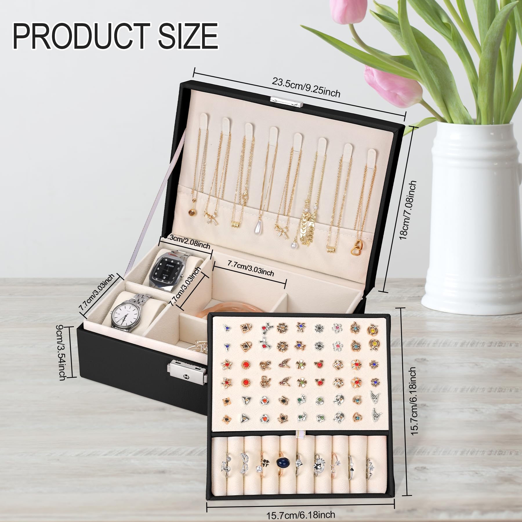 Sofore Portagioie Donna Porta Gioie Portagioie Bambina Grande Porta Gioielli Bambina a 2 Strati in Pelle PU Portagioie Donna da Camera Organizer Gioielli Storing Jewelry Earrings Anelli, Nero Perla