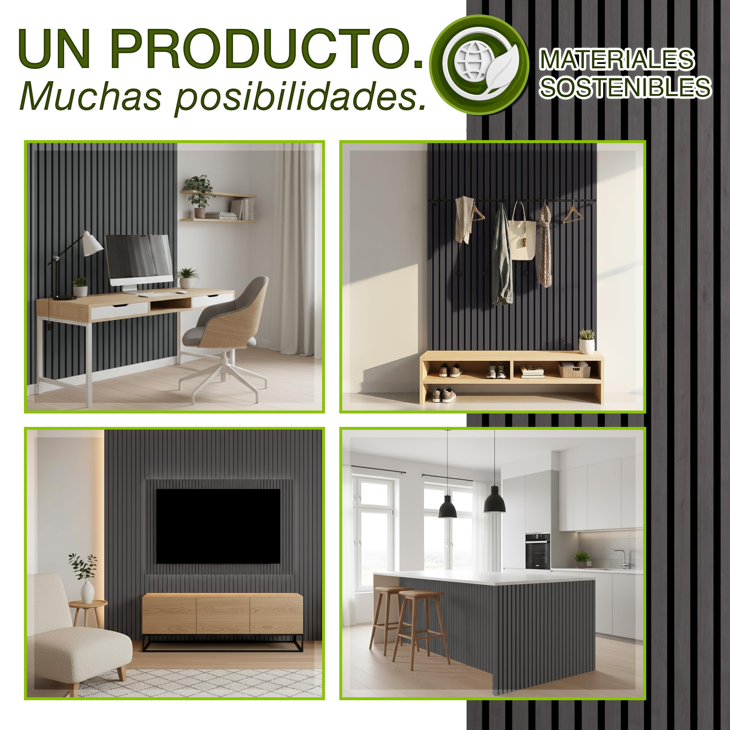 TRESKO 2 paneles acústicos de madera de 120 x 60 cm, incluye 4 ganchos para ropa, revestimiento de pared de roble antracita como pared de listones 3D, paneles de madera para aislamiento acústico