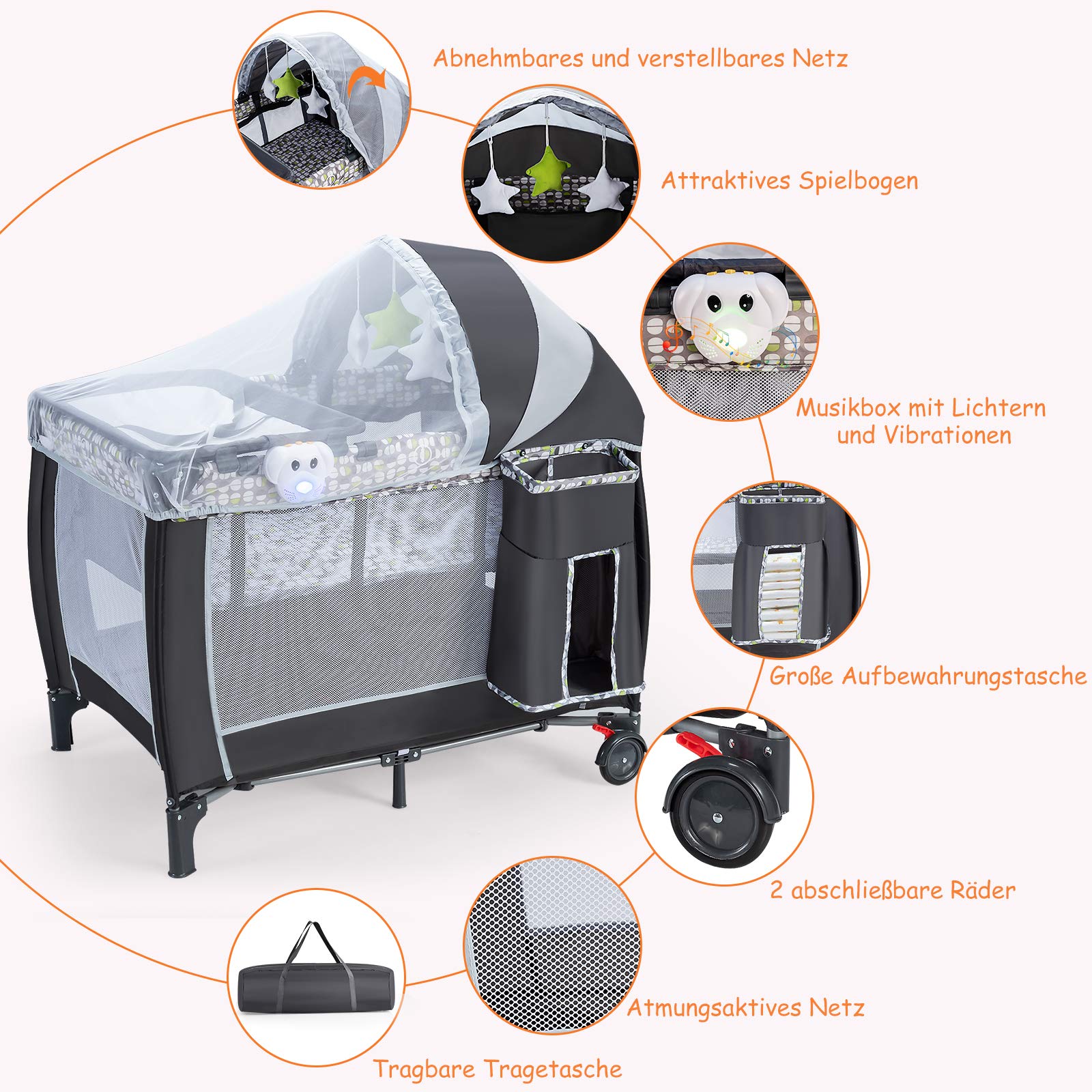 COSTWAY 3 in 1 klappbares Reisebett & Wickeltisch & Laufstall mit abnehmbarem und verstellbarem Moskitonetz, inkl. Spieluhr, Spielbogen, Wickelauflage, Matratze, Windel Organizer und Tragetasche
