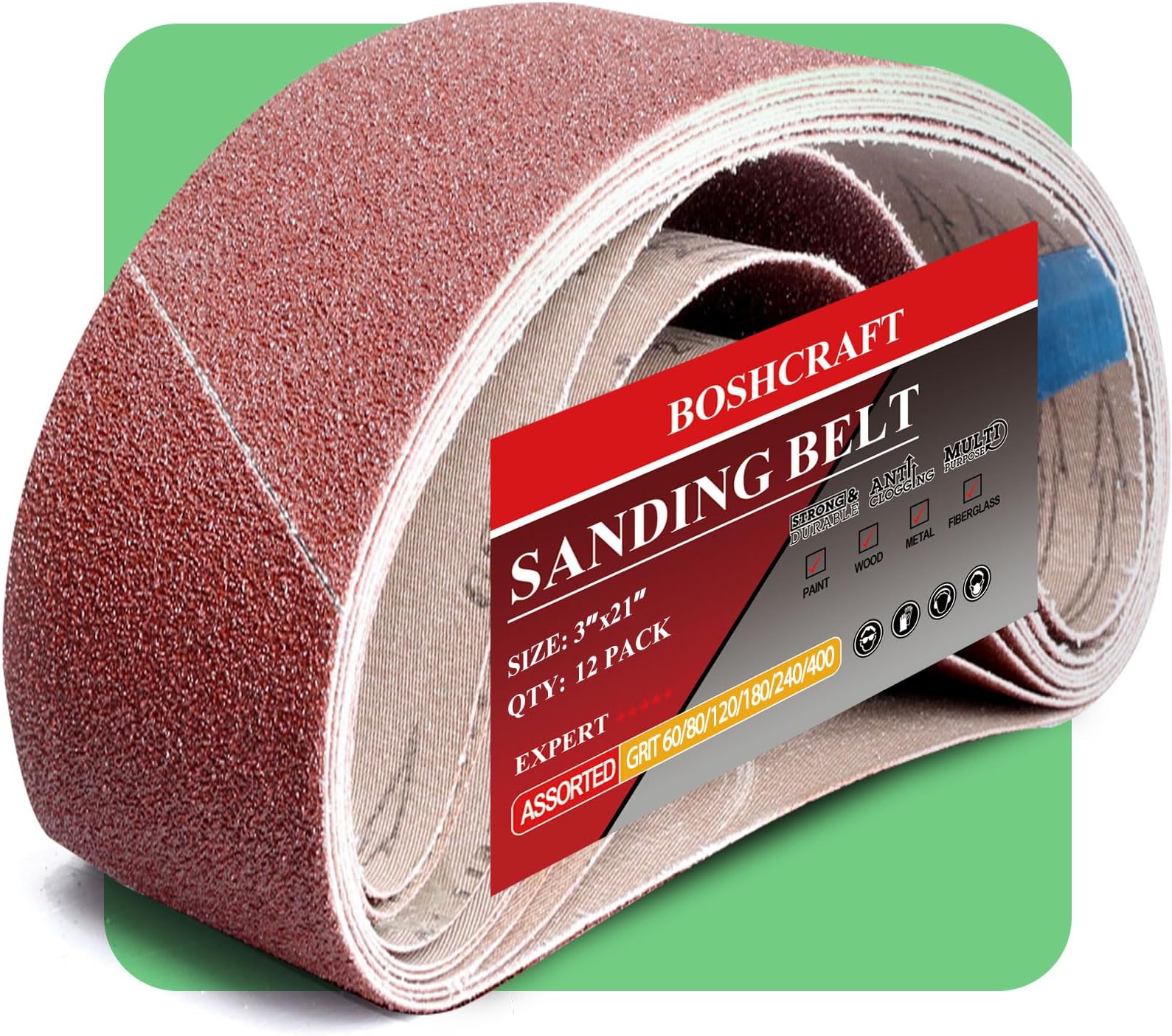 Boshcraft 21 Pack 3 x 21 Inch Sanding Belts, 3x21 Belt Sander Sanding Belts 40/60/80/120/180/240/400 Grits Assortment Sanding Belt for Belt Sander Knife Sharpening Woodworking Metal Polishing