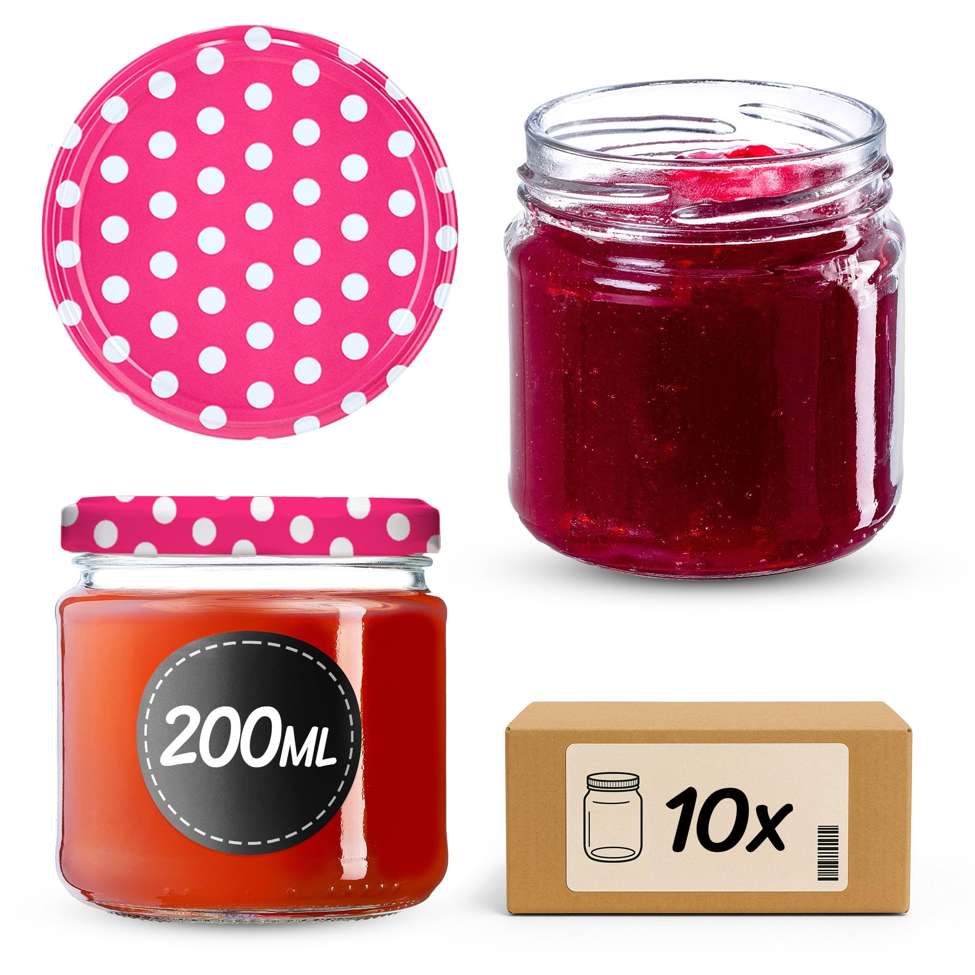 Kadax Pink Glass Jars 200 Ml, Small Preserving Jars With Metal Lids For Homemade Jam And Honey, Jars For Storing Spices And Herbs ( Peas, Set Of 10)