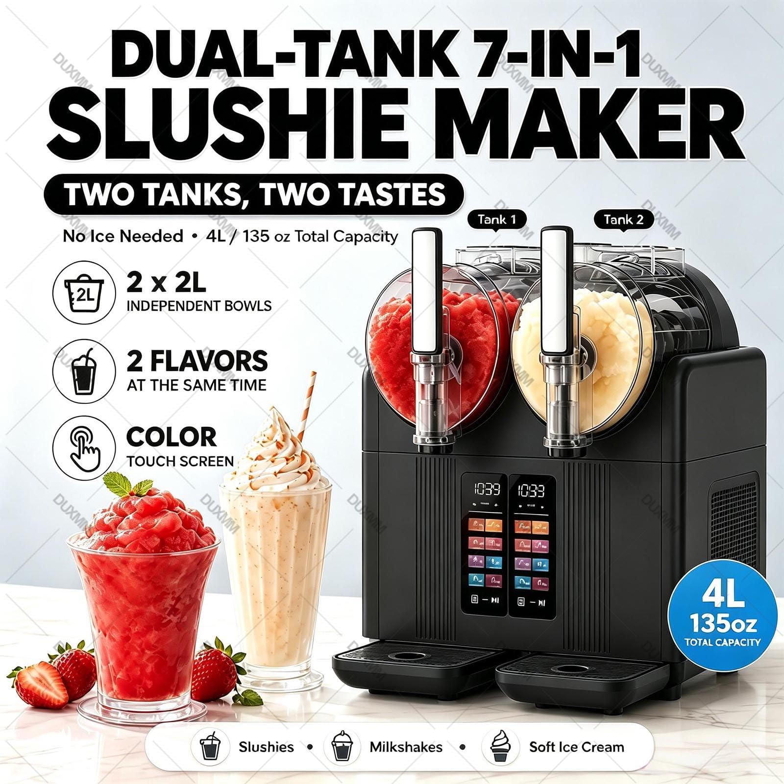 Máquina de Granizados y Helado Soft, Doble Depósito 2×2 L, 380 W Black | 7 programmi e consistenza regolabile per granite, frappè e cocktail; pronta in 15–25 min per feste, bar e caffetterie