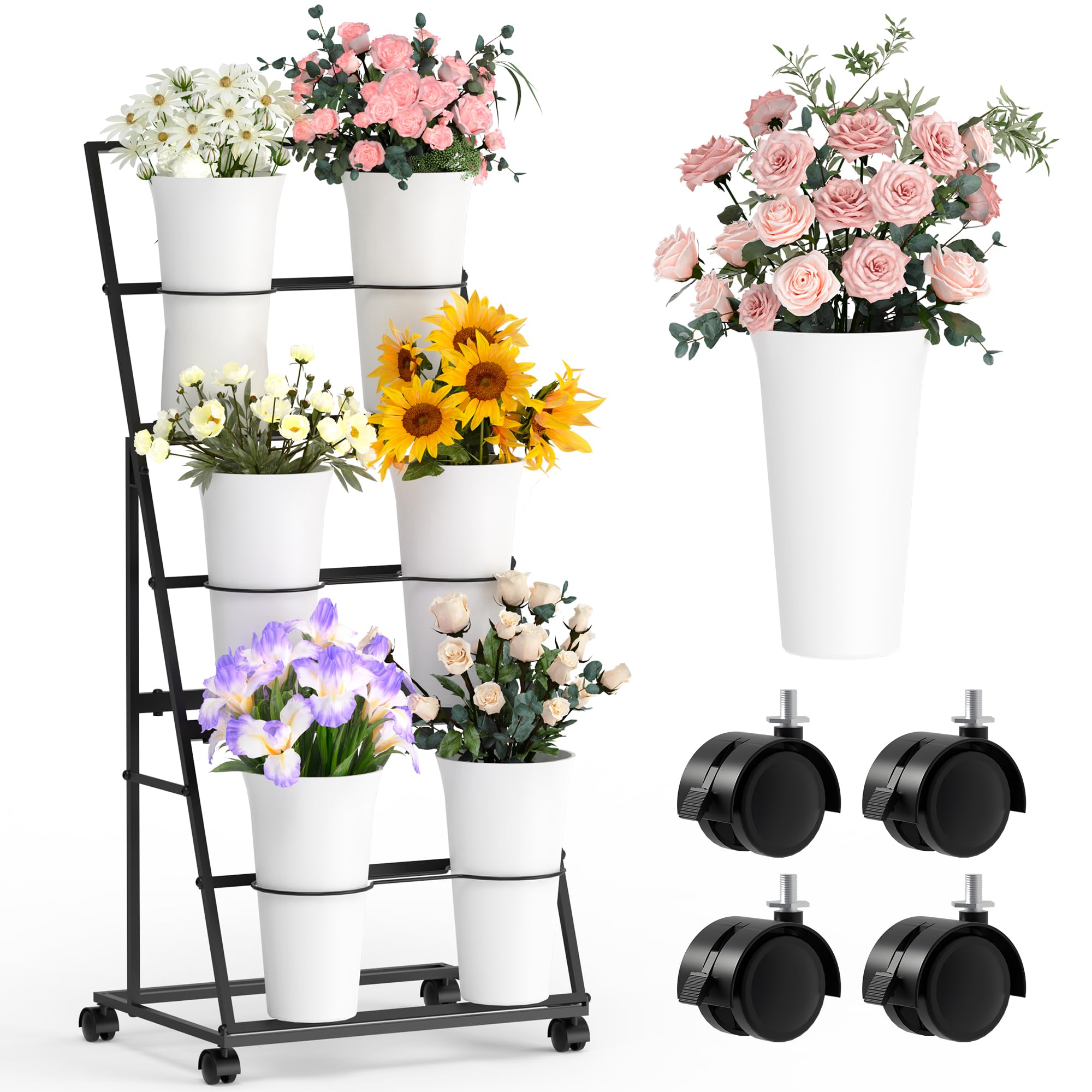 Photo 1 of Invech Flower Display Stand with 6 Buckets, 3 Tier Gold Flower Cart Display Stand for Indoor Outdoor Garden, Wedding, Florist
