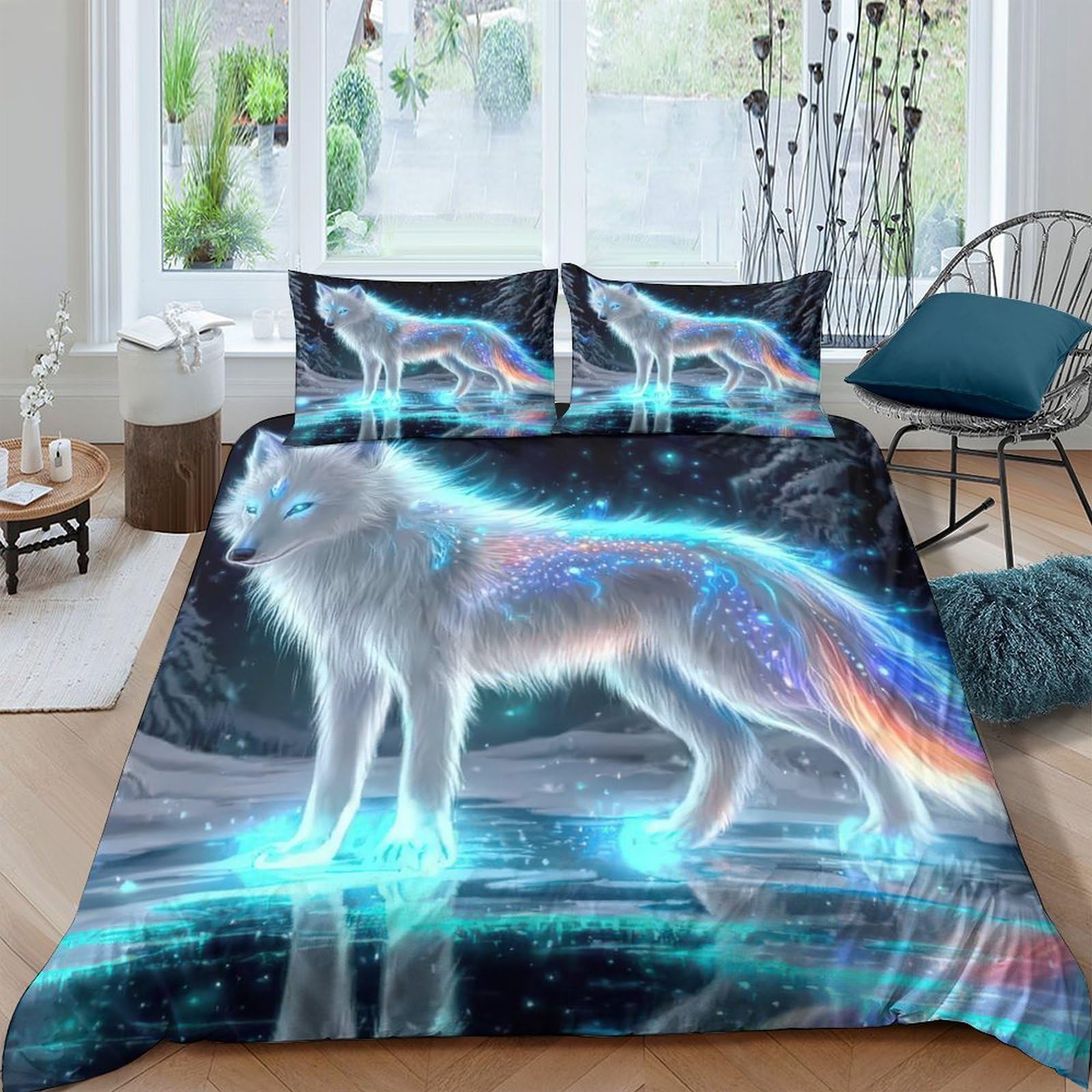 Ctjqhvkz Style-8 3D Printed Luminous Wolf Fitted Sheet Microfiber Soft Breathable Aurora Mattress Cover For Bedroom Dorm Decor 118 Single（135X200cm）