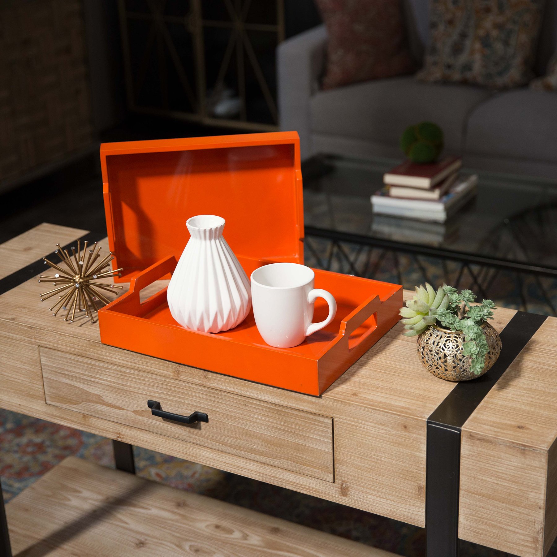 Urban Trends Madera Rectangular Bandeja para Servir con Asas de Juego de Dos Acabado con Revestimiento de Naranja, Color Naranja