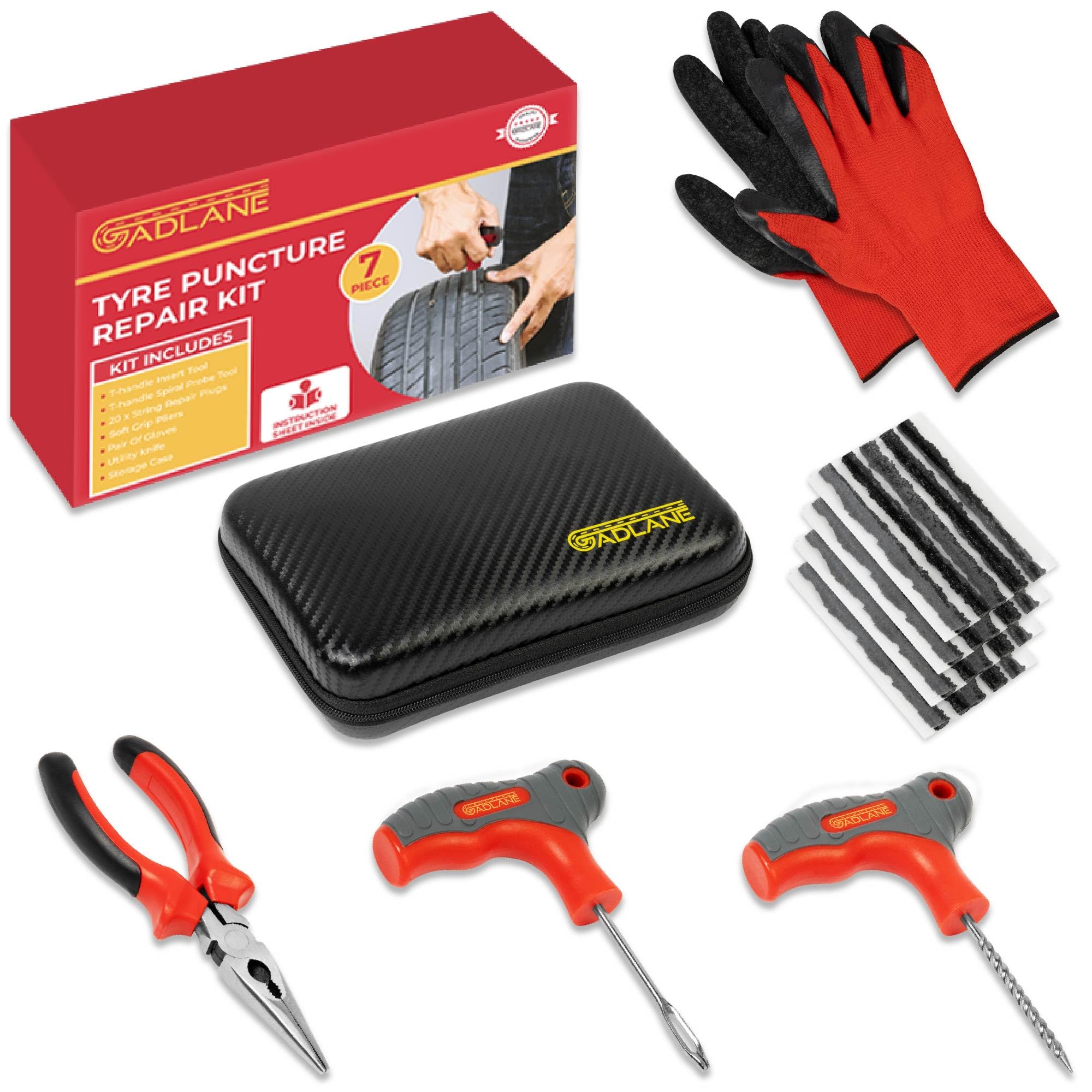 GADLANE Kit Premium di Riparazione Pneumatici Senza Tubo - Kit di Riparazione per Pneumatici Piatti da 7 Pezzi per Auto, Moto, Camion, ATV, Jeep, Trattore e Altro - Kit di Riparazione per Forature di