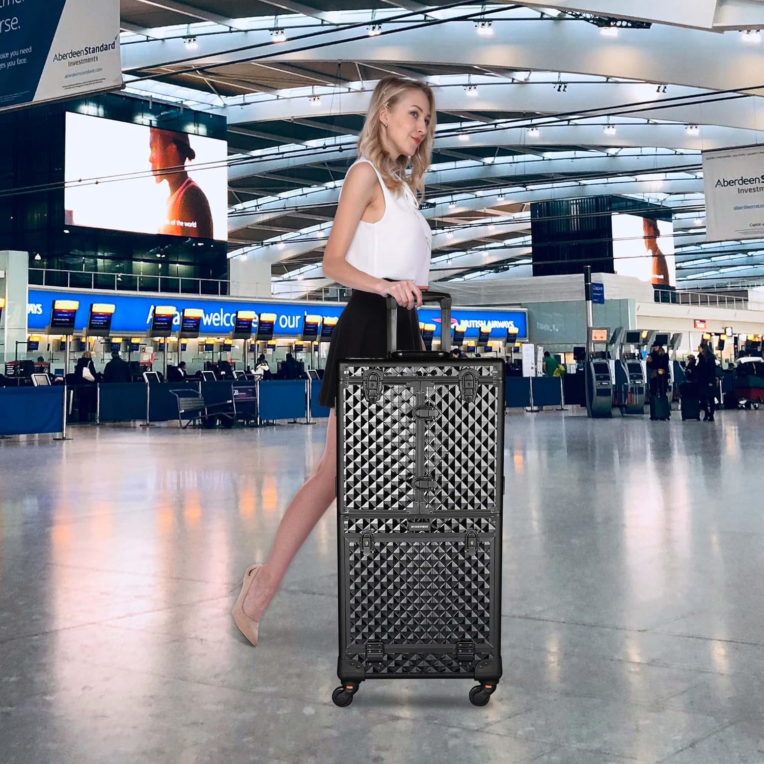 BYOOTIQUE Rolling Makeup Case Trolley with Mirror Cosmetic Organizer Stroage Hair Stylist Barber Extendable Tray Hairdressing Beauty Salon Lockable