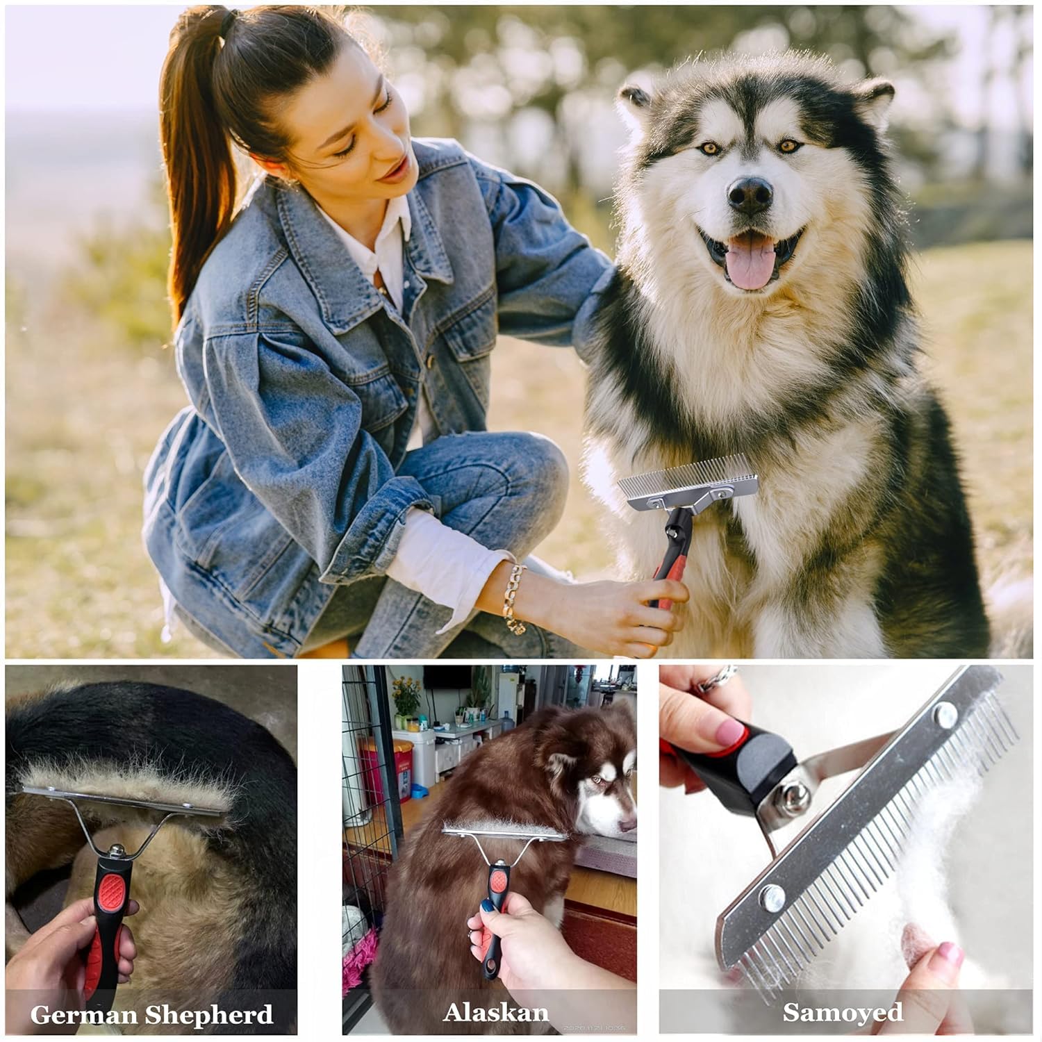 Juego de 3 cepillos de rastrillo de dientes largos para mascotas, cepillo de rastrillo para perros, peine de acero para desprendimiento y peine de teech de doble cara para perros grandes y caballos de
