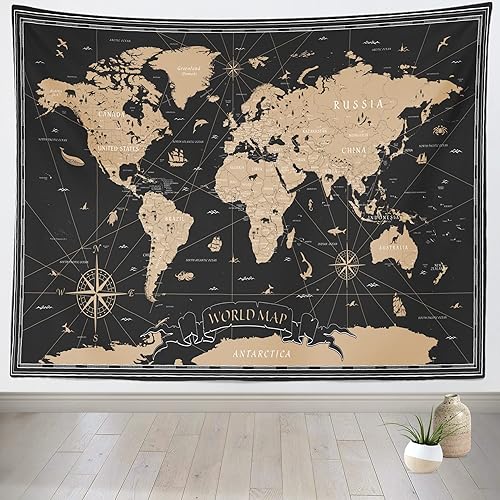 Loccor Tapiz vintage de mapa del mundo, mapa del mundo, distribución geográfica, tapiz náutico de animales para colgar en la pared para estudiantes,