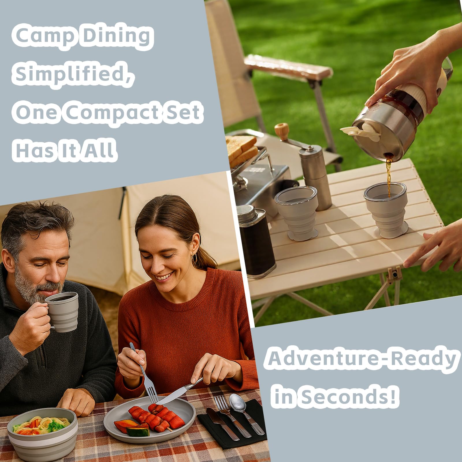 Set da campeggio pieghevole 6 in 1 – Contiene coltello, cucchiaio, forchetta acciaio inox, tazza, scodella, piatto e rete. Perfetto per viaggi, trekking, picnic e campeggio