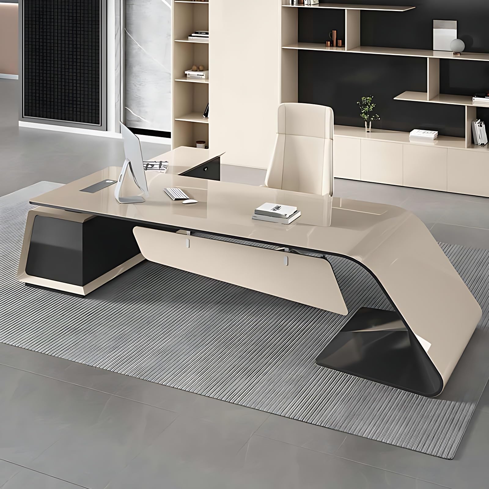 ZGNBSD Executive Desk - Modern l Shaped Desk with Drawers, Large Desk with Multifunctional Wire Box, Easy Installation (White, 86.6")