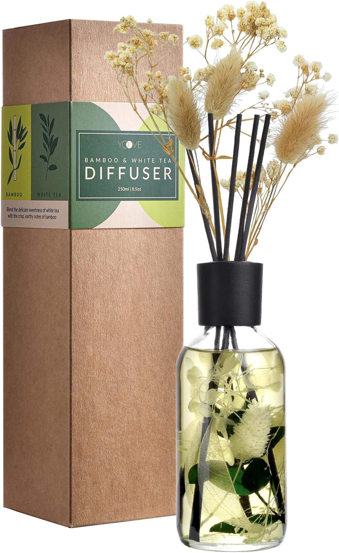 Bamboo White Tea Reed Diffuser Set - Fragrance Reed Diffusers for Home - 250ml Glass Bottle with Plant Accents, Black Reed Sticks, Dried Flowers - Aromatherapy Reed Diffuser Oil for Relaxation