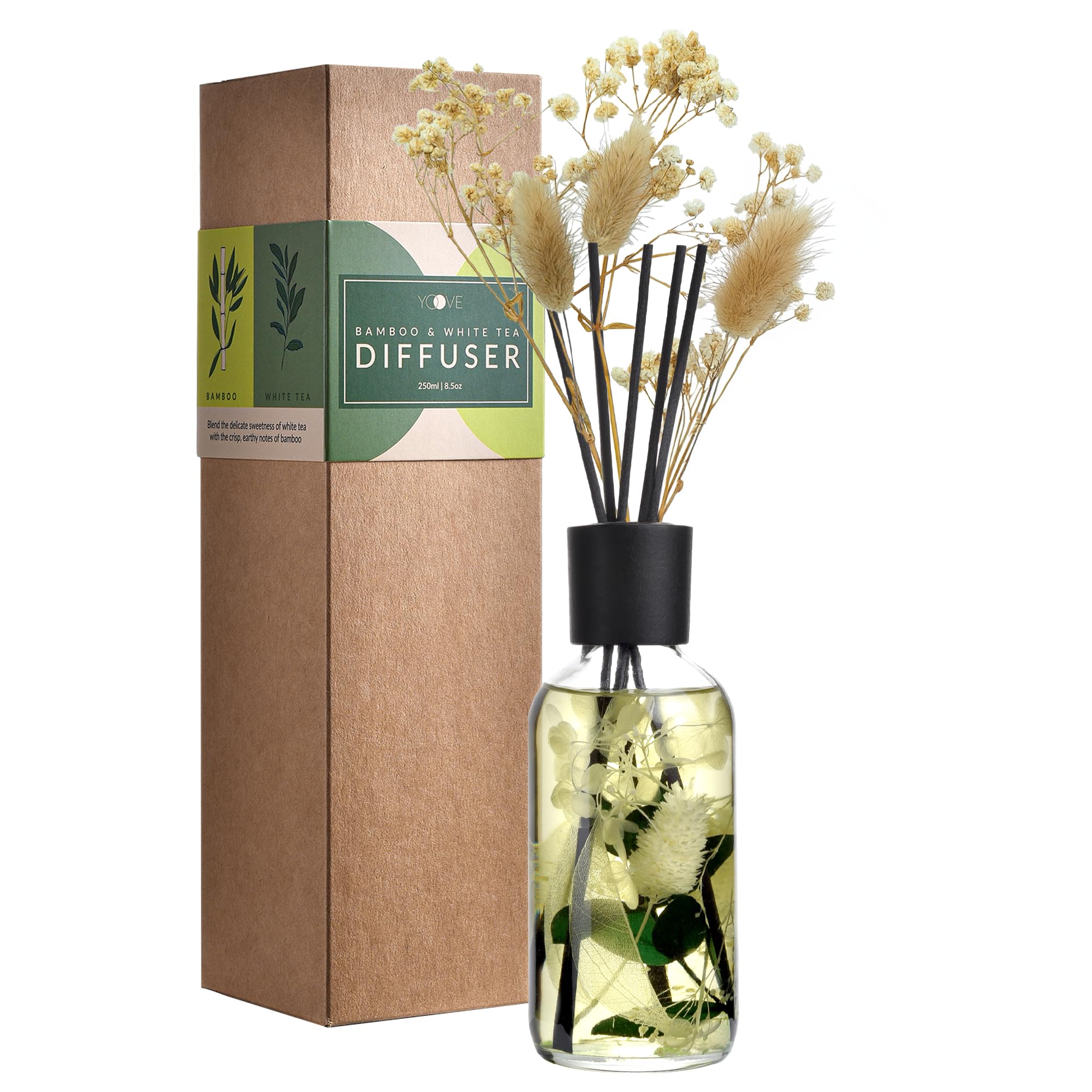 Bamboo White Tea Reed Diffuser Set - Fragrance Reed Diffusers for Home - 250ml Glass Bottle with Plant Accents, Black Reed Sticks, Dried Flowers - Aromatherapy Reed Diffuser Oil for Relaxation