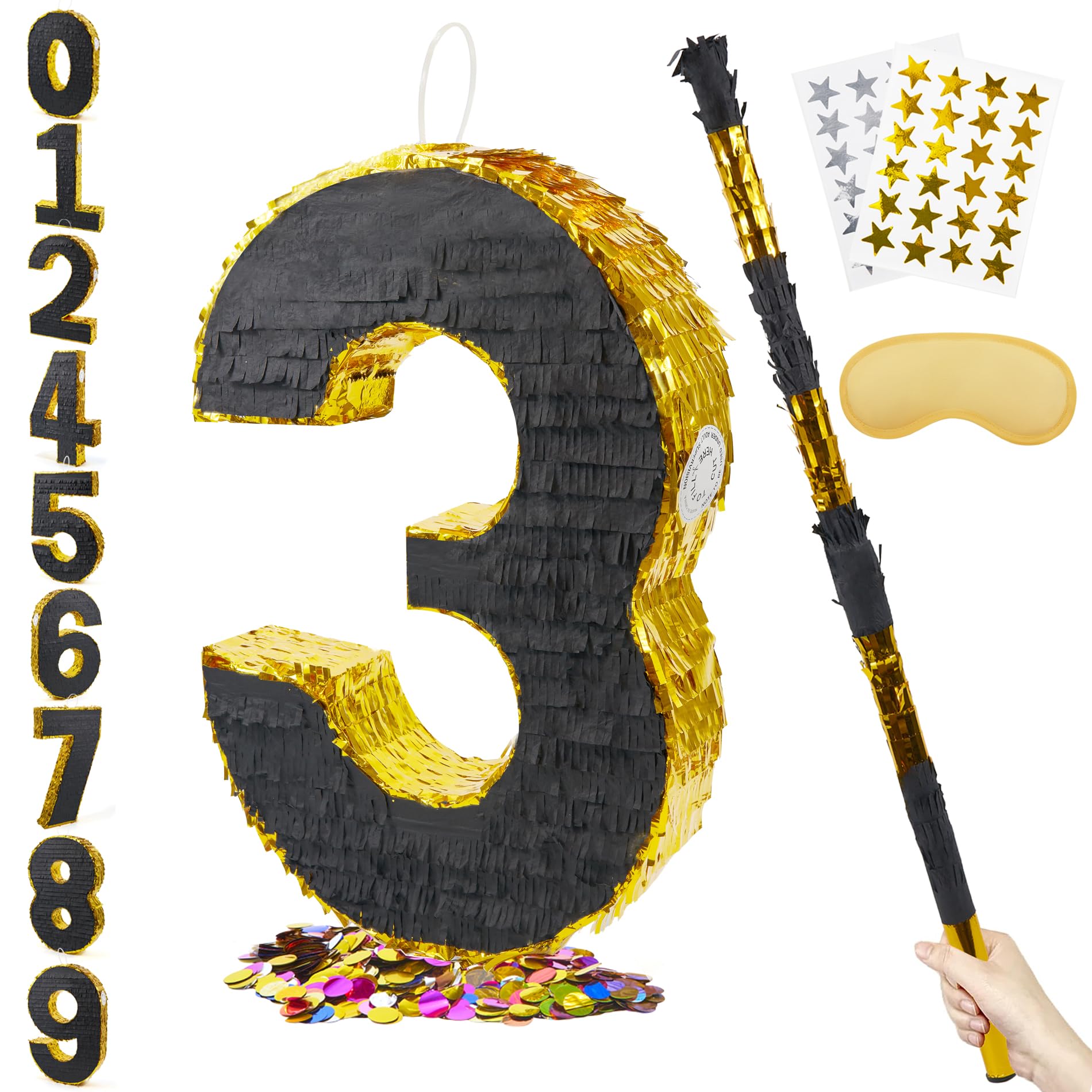 PCFING 20 Inch Number 3 Piñata Gold Black with 30 Inch Piñata Stick Blindfold Confetti for Man Women Boys Girls Birthday Party Decorations,