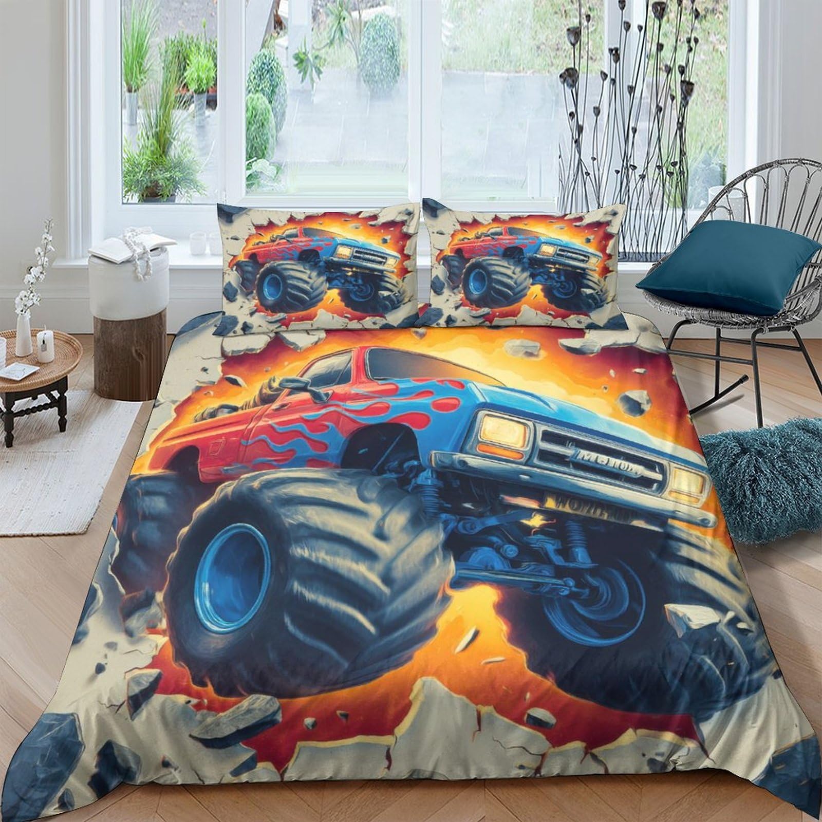 Ctjqhvkz Style-3 3D Printed Monster Truck Fitted Sheet Microfiber Soft Breathable Flame Racing Bed Cover For Bedroom Dorm Mattress Protection Decor Single（135X200cm）