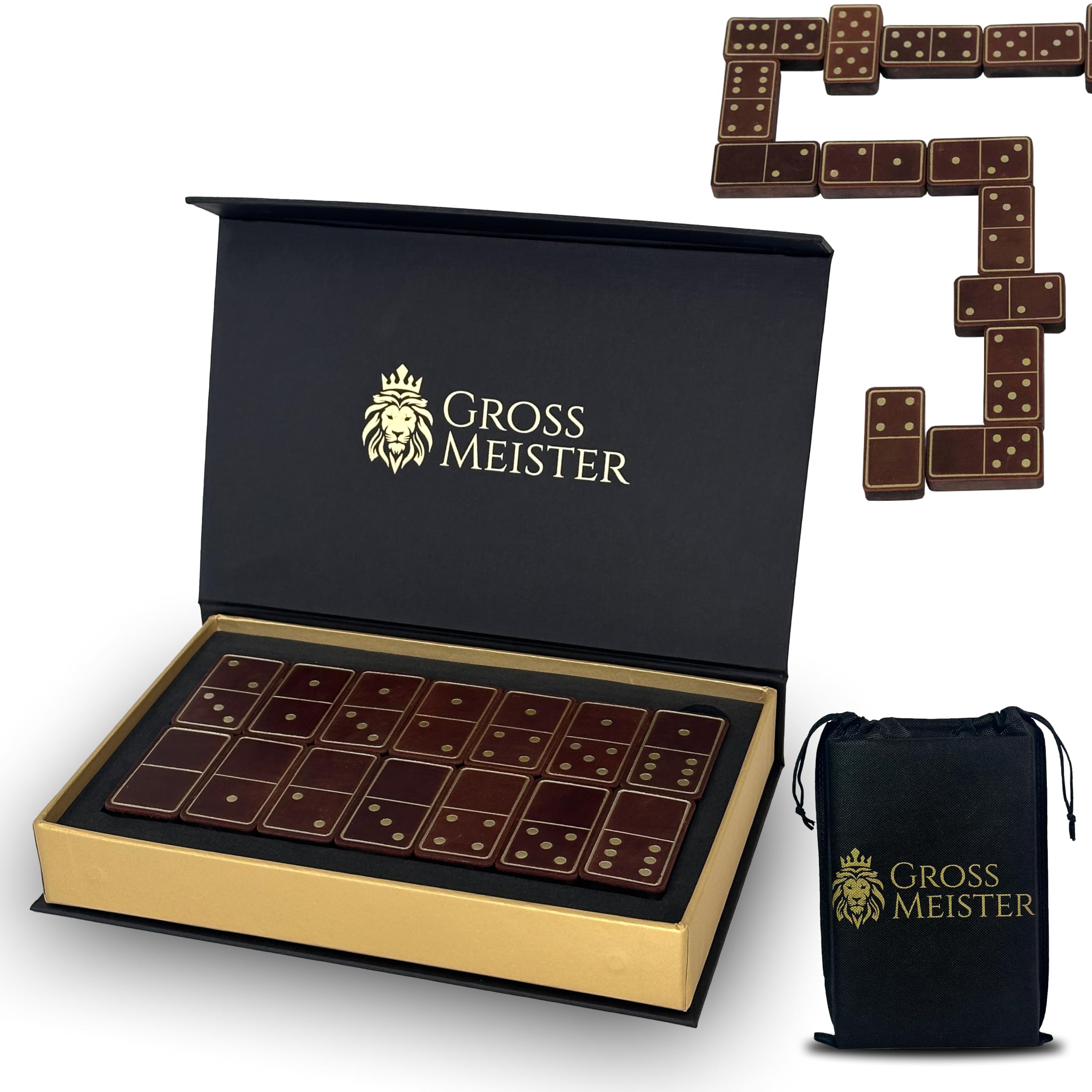 Premium Domino-Set Dunkelbraun – Handgefertigte Dominosteine aus Karbolt-Holz & Echtleder, luxuriöses Gesellschaftsspiel in edler Geschenkbox