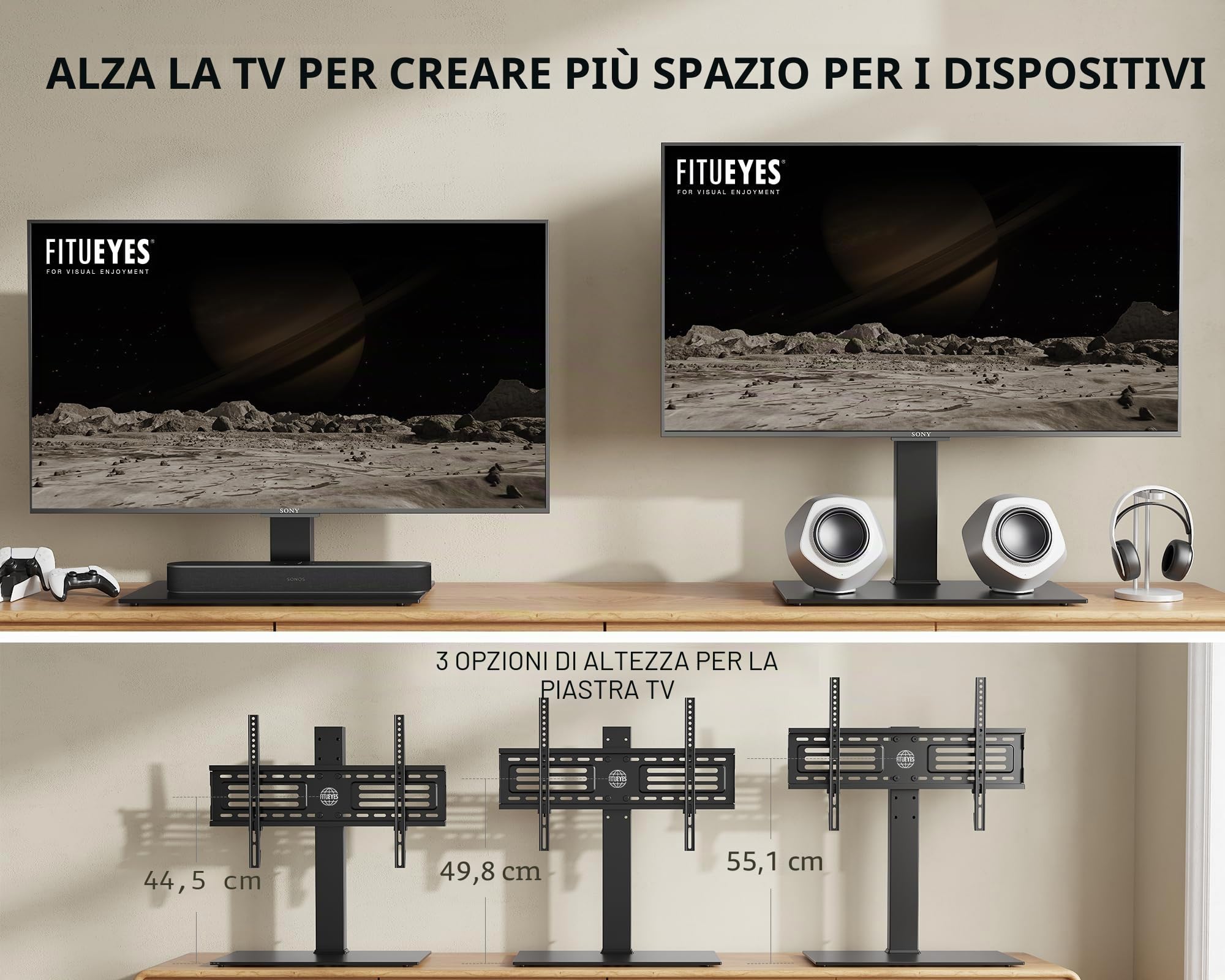 FITUEYES Supporto TV da Tavolo per 40-75 Pollici, Base TV Universale con 6 Altezza Regolabile, Piedistallo TV Universale con Base in 8mm Vetro Temperato, Max VESA 600x400mm Portata 40kg