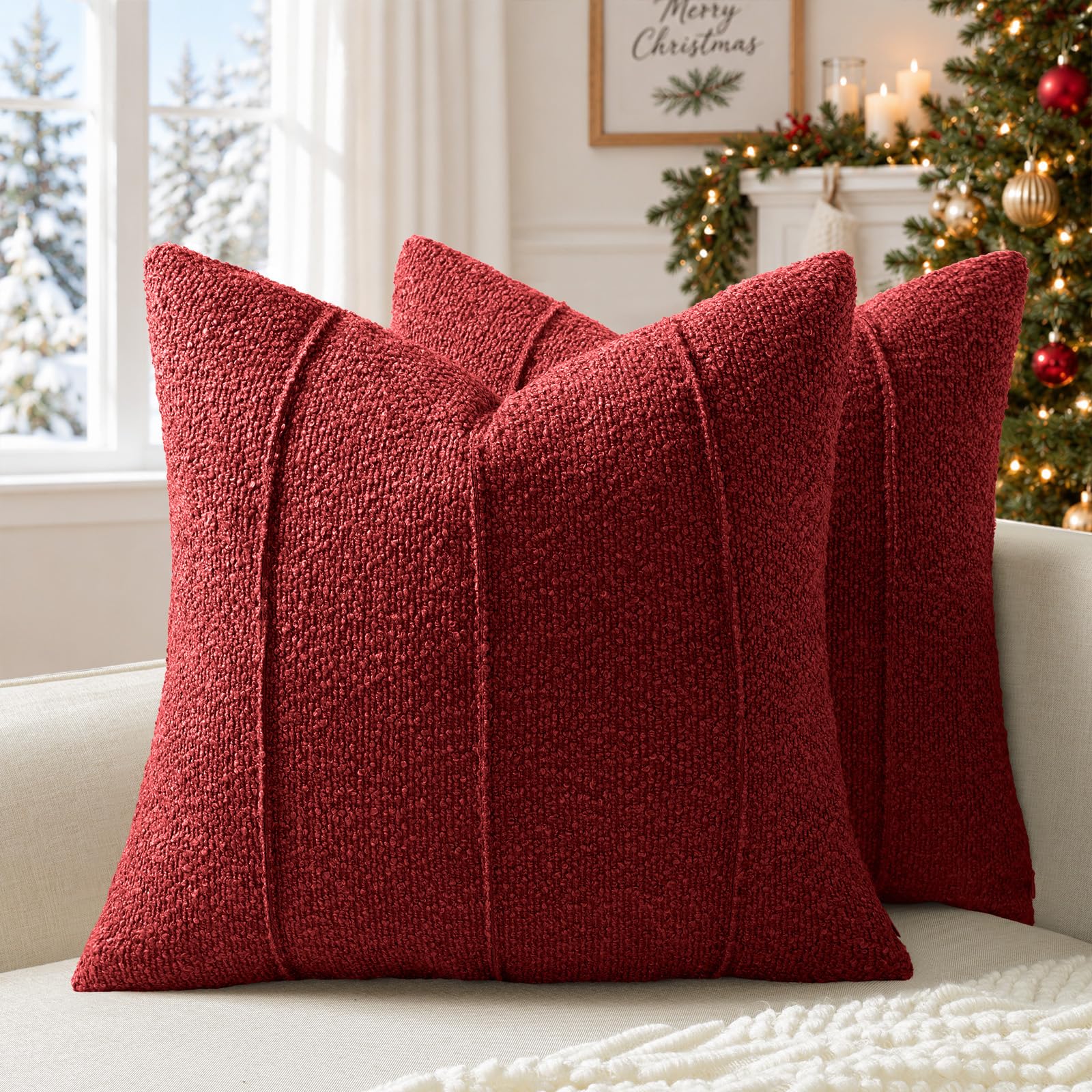 YCOLL Textured Bouclé Cushion Covers 50x50 Pack of 2 – Soft Red Decorative Cushions for Sofa, Bed & Living Room, Modern Home Décor, Comfortable & Luxurious Accent with Neutral Stripes
