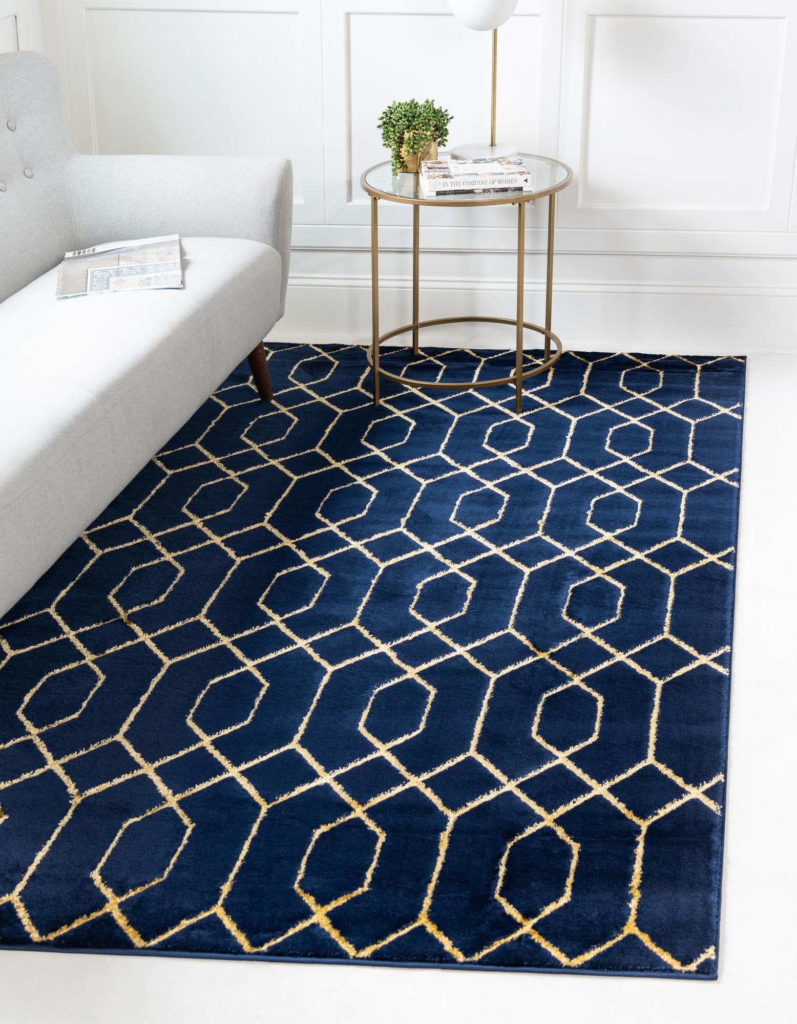 Rugs.com Glam Collection Rug – 10x14 Navy Blue Gold Medium-Pile Rug Perfect for Living Rooms, Large Dining Rooms, Open Floorplans