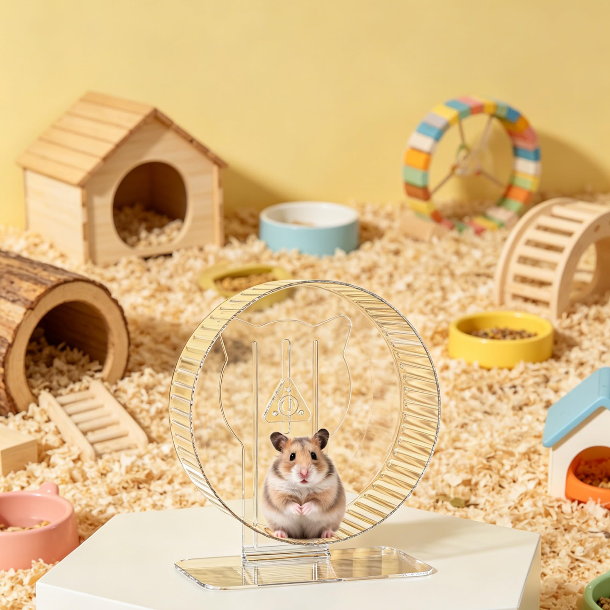 Roue silencieuse pour hamster 20,6 cm, roue de course silencieuse avec support réglable et rail antidérapant – Accessoire idéal pour cage de petits animaux pour hamsters gerbilles souris