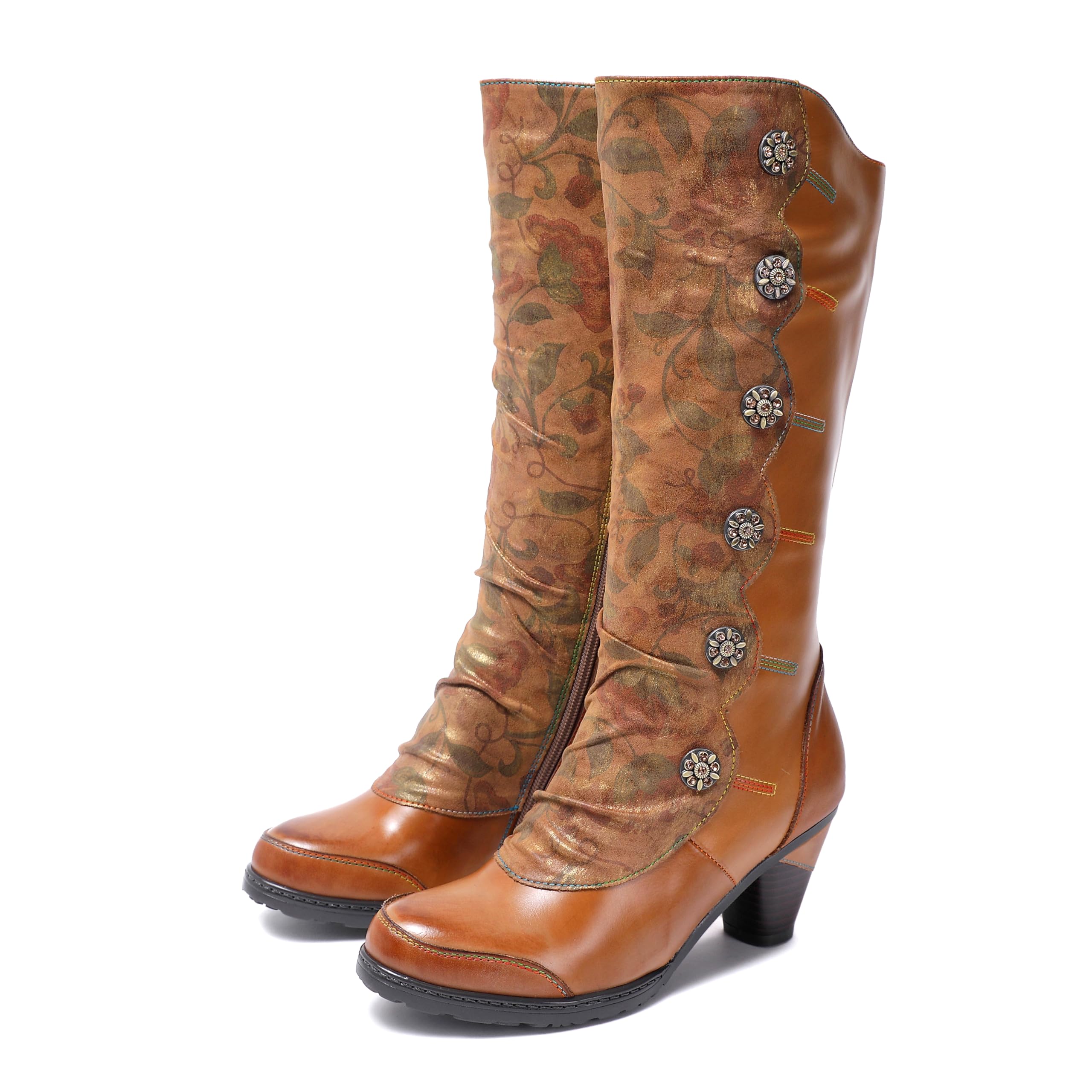 CrazycatZ Victorian Style Knee High Boots Brown Leather with Floral Pattern Decorative Button Detail Mid Heel