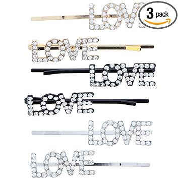 LOVE Rhinestone Bobby Pin Hair Clip Set - Set of 3 Mix