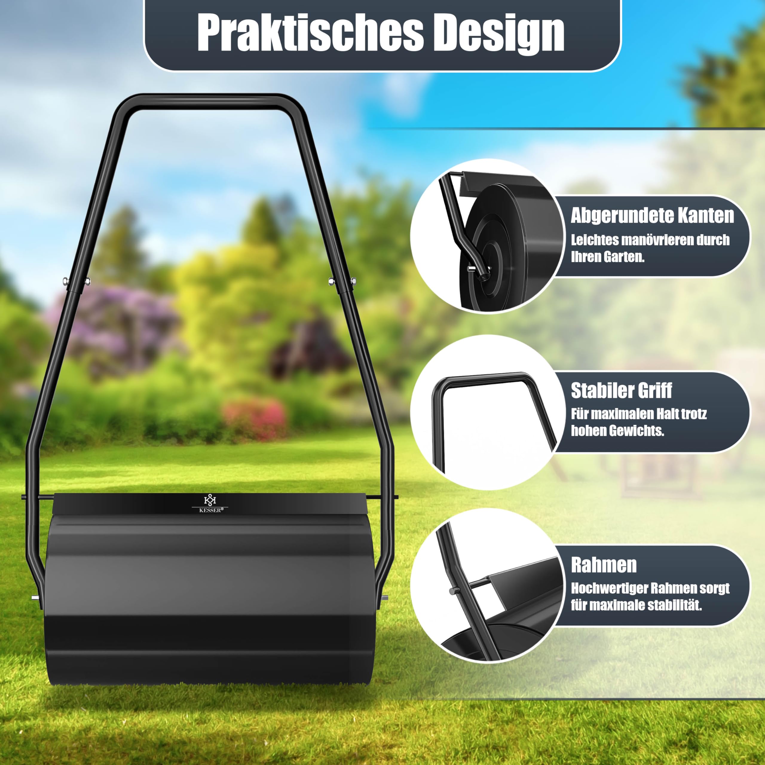 KESSER® Rasenwalze Metall befüllbar mit Wasser oder Sand mit 48 Liter Füllvolumen & 60cm breit | Gartenwalze inklusive Handschuhe | Handwalze Rasenroller Ackerwalze Walze in Schwarz