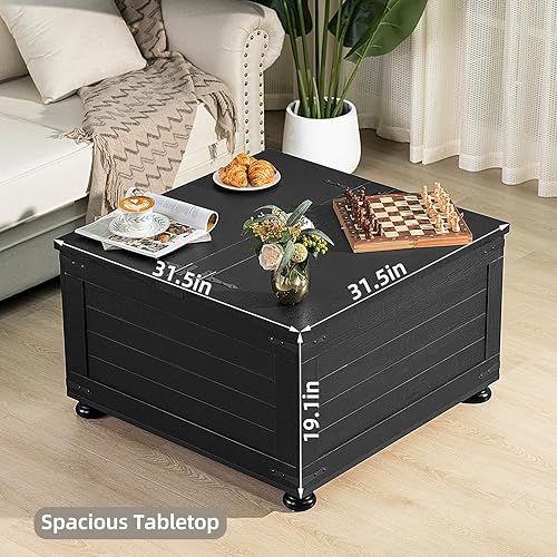 Miniatura 3 de Mesa de centro de granja con almacenamiento oculto, mesa cuadrada de centro de madera para sala de estar, grandes mesas rústicas de cóctel con tapas