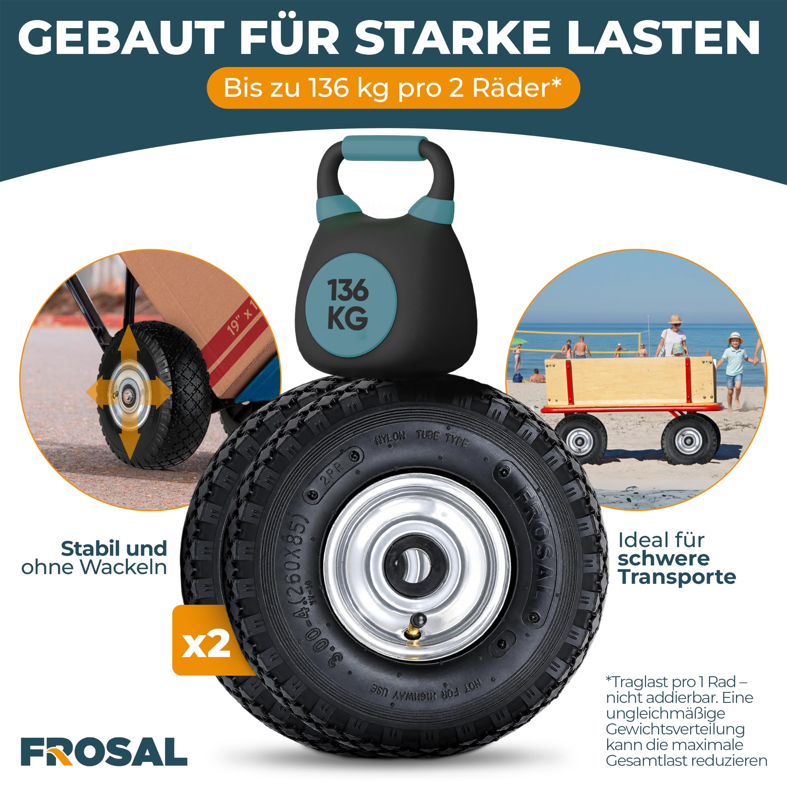 FROSAL 4x Luftrad 3.00-4 260x85 Stahlfelge 20 mm / 50 mm