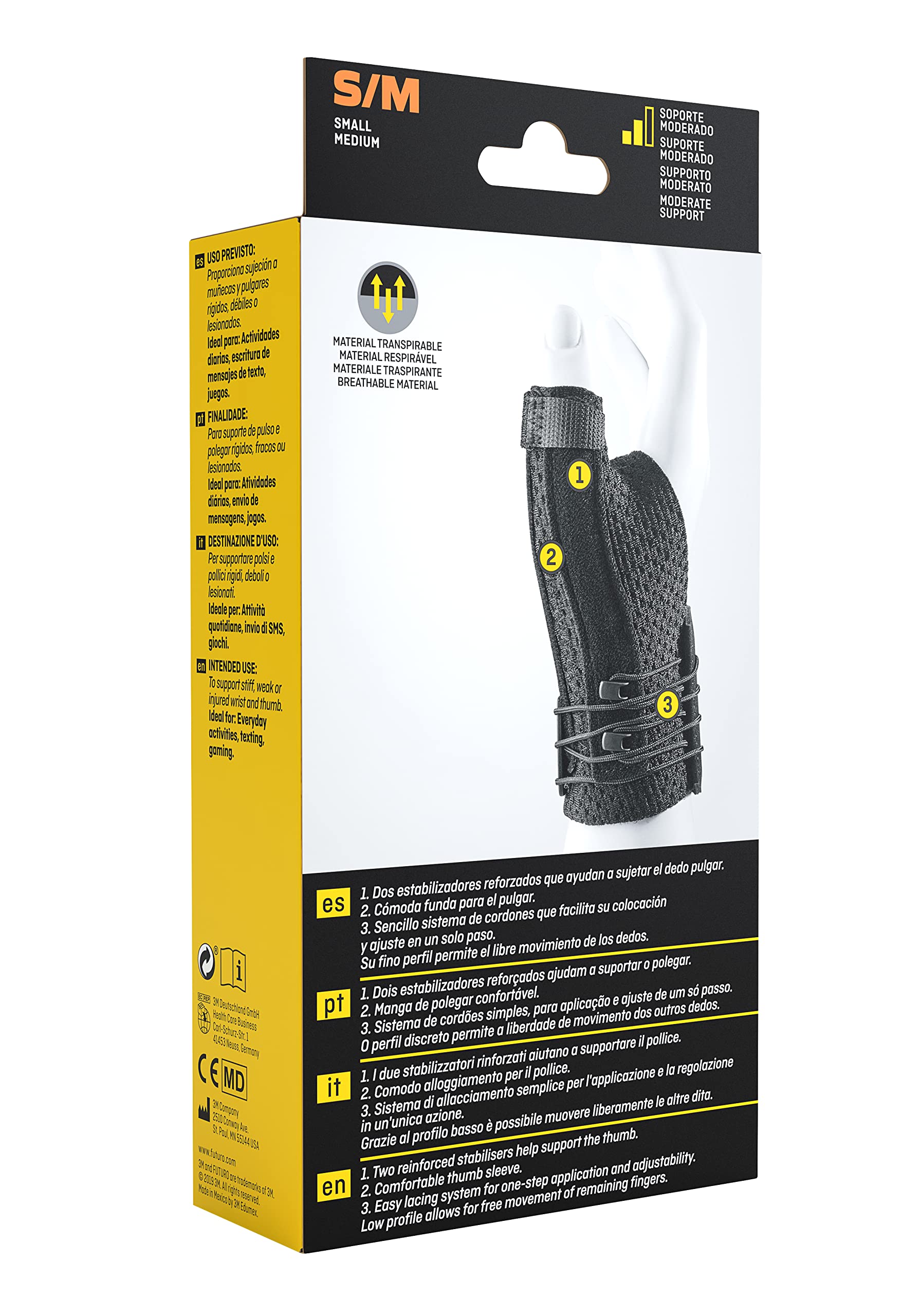 FUTURO Tutore Stabilizzatore per Pollice Destro/Sinistro, S/M, Pollice: 5.0, 6.3 cm, Polso: 12.6, 17.7 cm, Dispositivo Medico Marcato CE, Nero