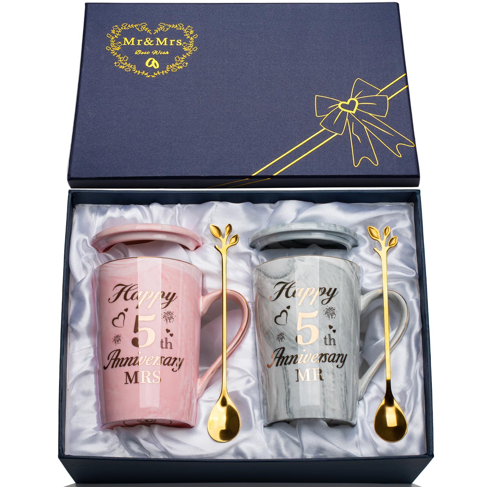 5th Wedding Anniversary Gif-ts, 5 Year Wedding Anniversar-y Gifts, 2PCS Happy 5th Anniversary Gi-fts Mr Mrs Gifts Marble Ceramic Cups 14oz with Spoon, Giftbox, 5 Year Anniversary Gif-ts for Him, Wife