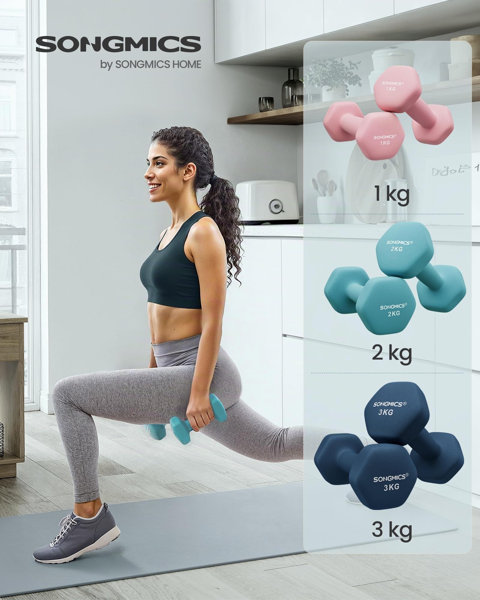 SONGMICS Set manubrio, 3 paia, 2 x 1 kg, 2 x 2 kg, 2 x 3 kg, supporto portaoggetti, palestra, sollevamento pesi, rivestimento in neoprene antiscivolo