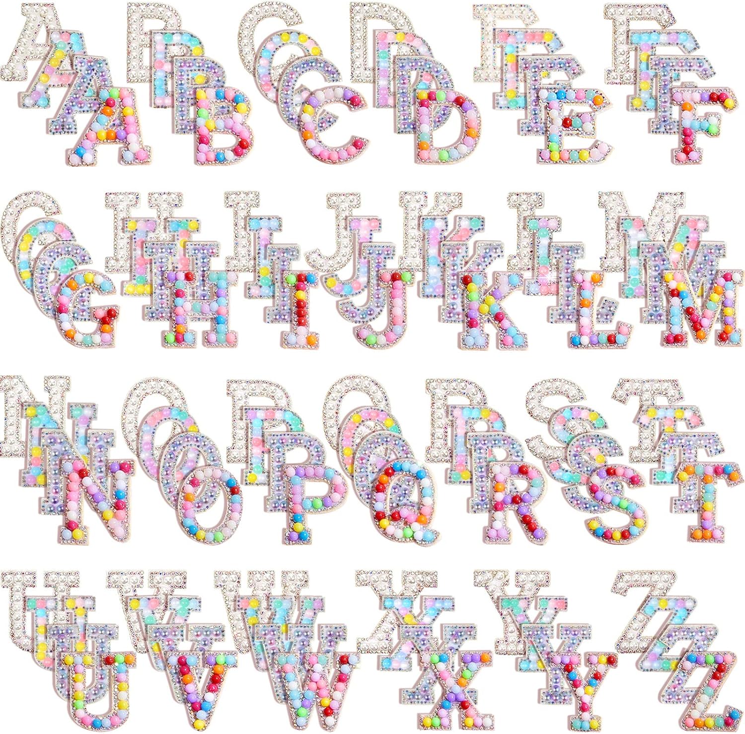 104 Pcs Pearls Rhinestone English Patches A-Z Glitter Pearl Sew on Patches Iron on Letters for Clothing Alphabet Applique Pearl Beaded Letter Patches for DIY Crafts Clothes, 4 Styles