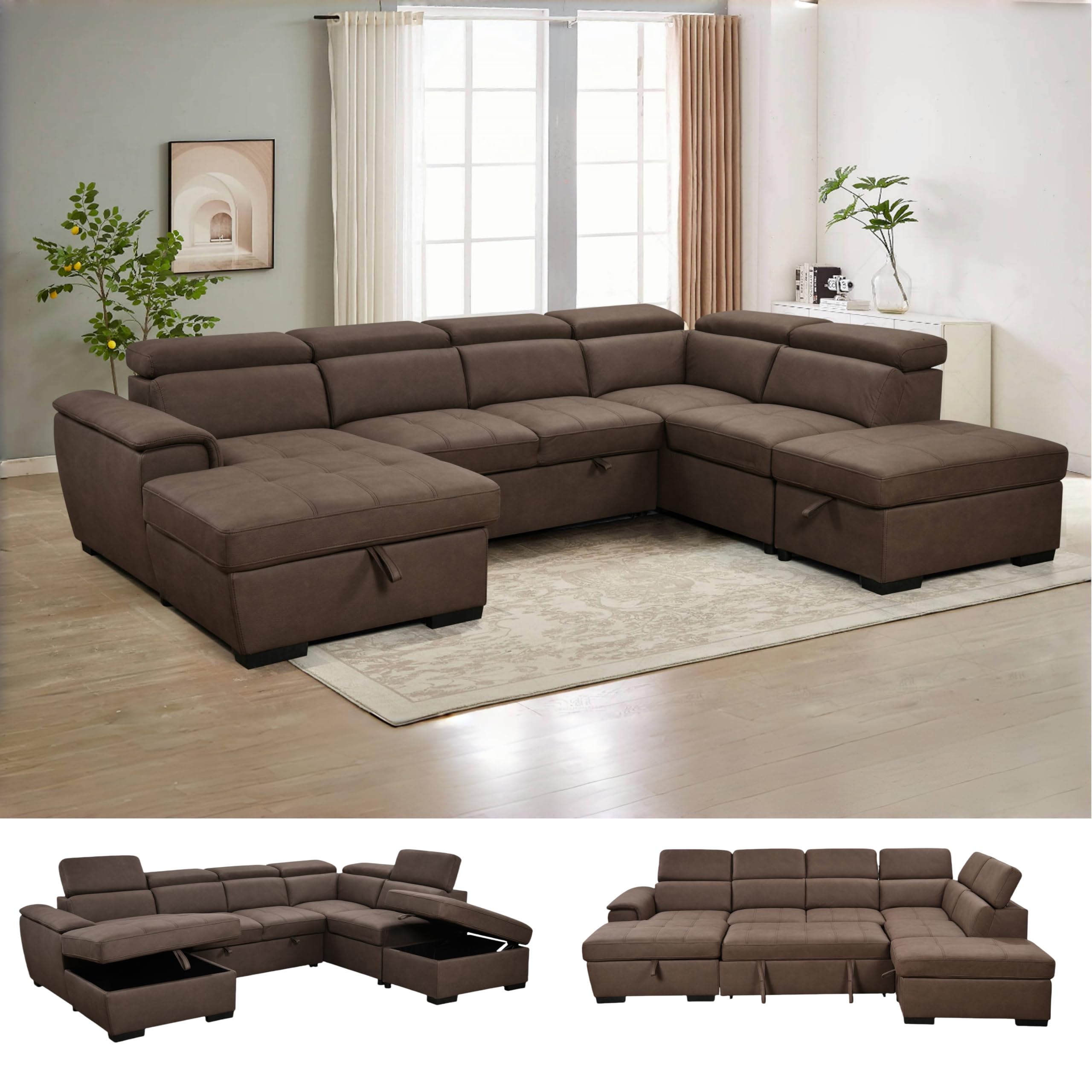 THSUPER U Shaped Sectional Sleeper Couch Dark Brown