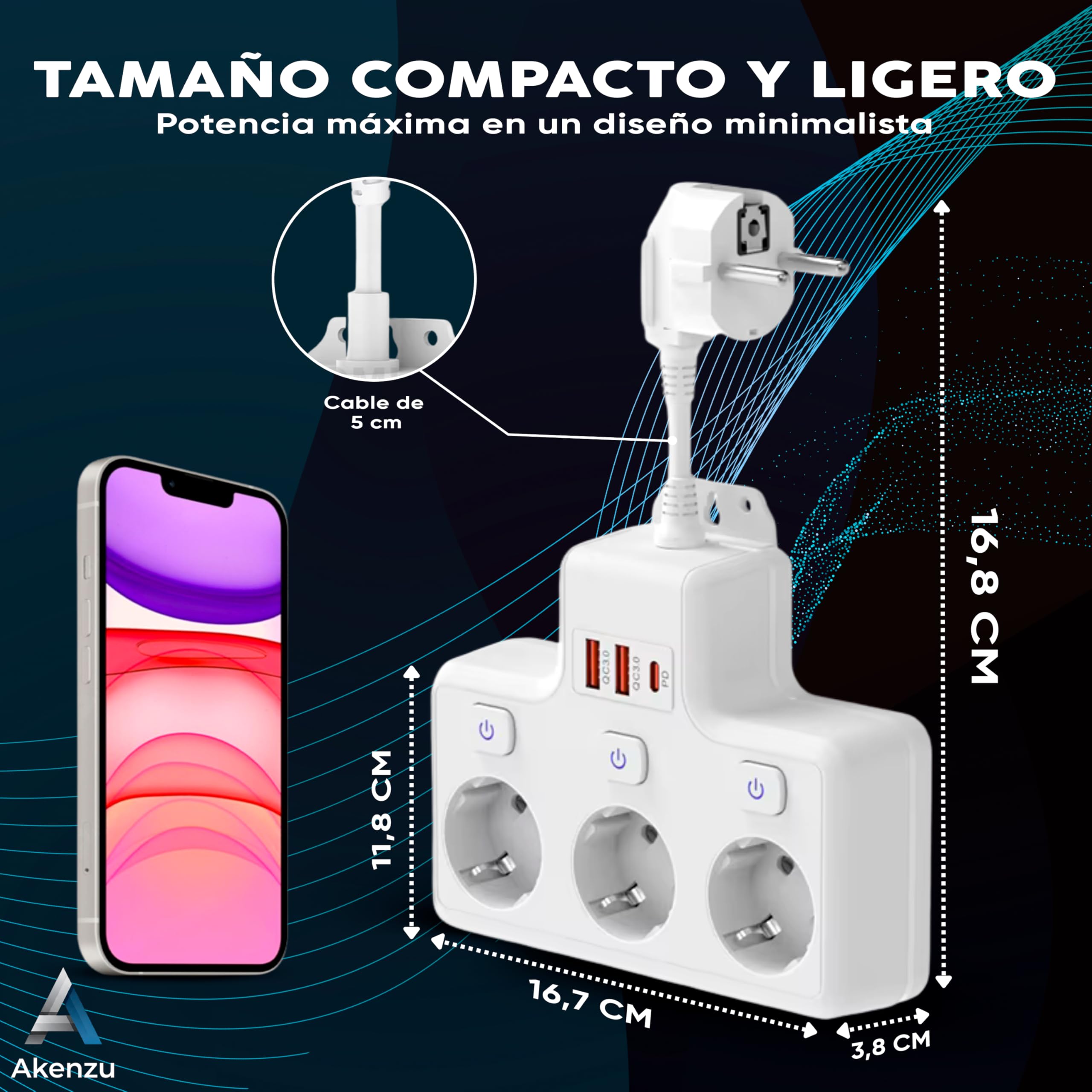 AKENZU©—Regletas para Enchufes Modulares 6 en 1 | Enchufe Multiple | Regleta De Enchufes Proteccion Sobretension | Ladron para Enchufes Plano con USB/USB-C | Enchufe con Interruptor para Pared—Blanco — view 7