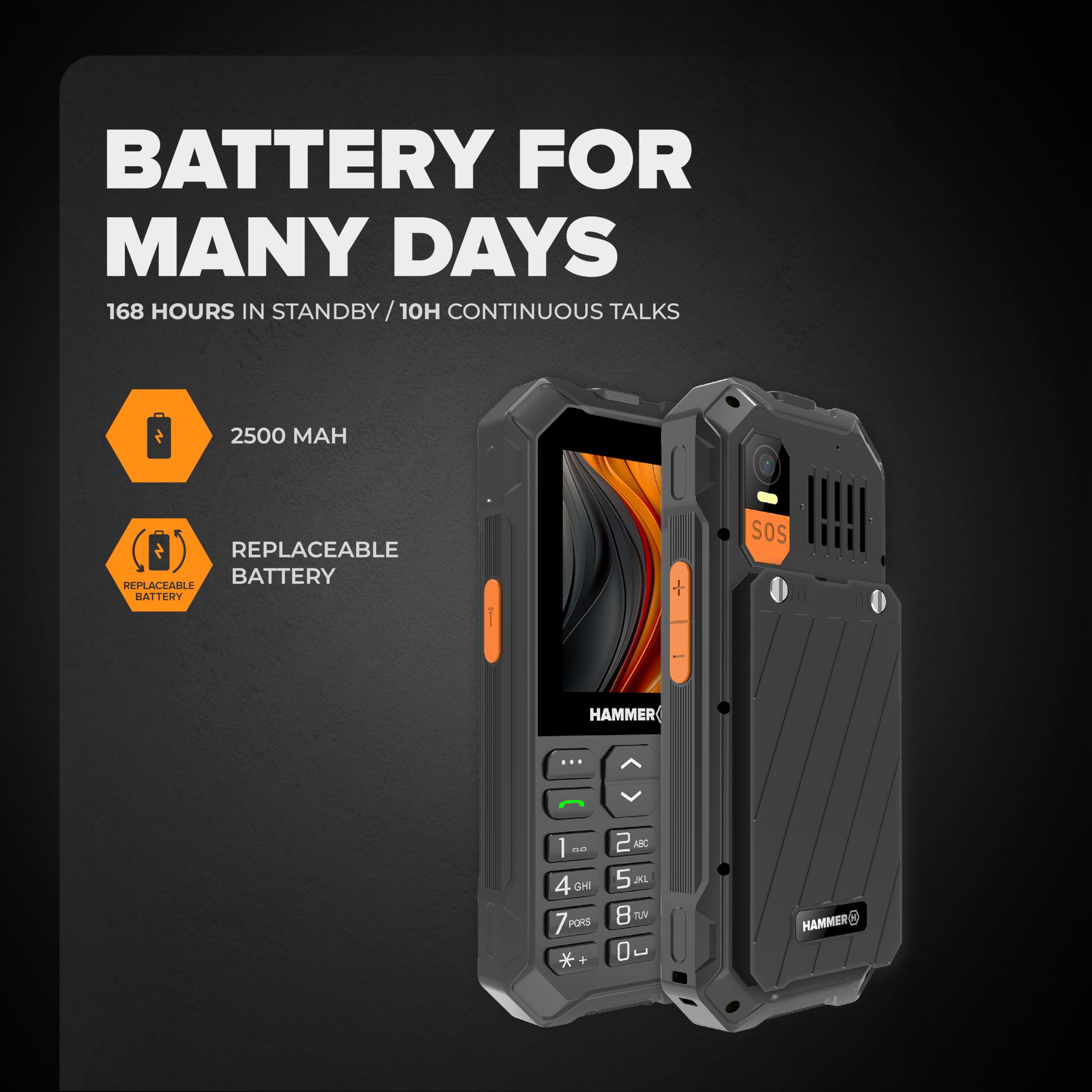 Hammer H 6 LTE Drukknop telefoon, grote 2500mAh batterij tot 7 dagen stand- by, zaklamp en SOS-knop, Volte-technologie, verlichte knoppen, IP68 1,5 meter valtest, 2,4 inch scherm, zonder contract