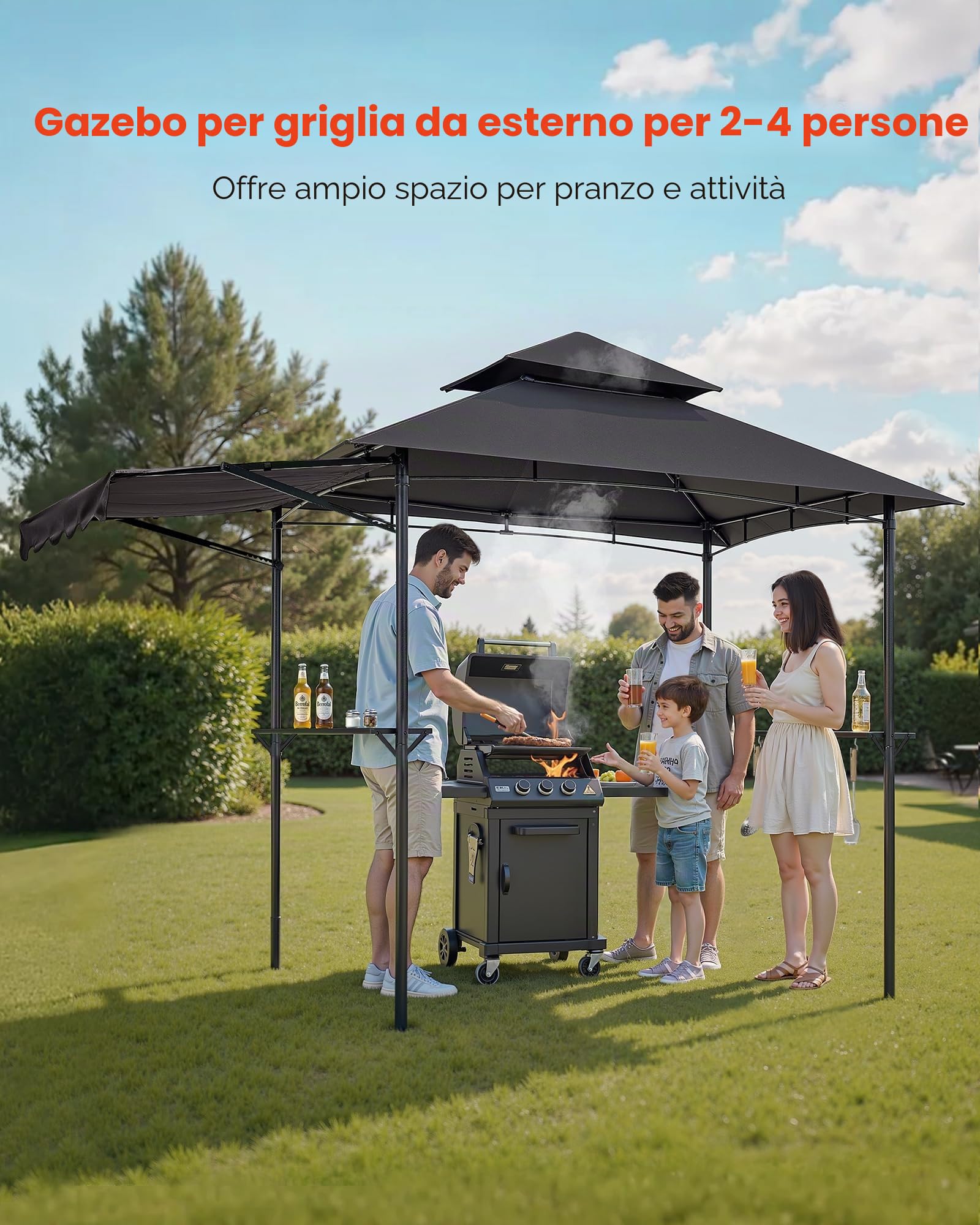 VEVOR Gazebo per Barbecue 243x150 cm, Tenda Gazebo per Barbecue da Esterno con Tettoia, Tetto a 2 Livelli, Copertura per BBQ da Giardino in Acciaio Verniciato a Polvere, per Grigliate, Feste, Picnic