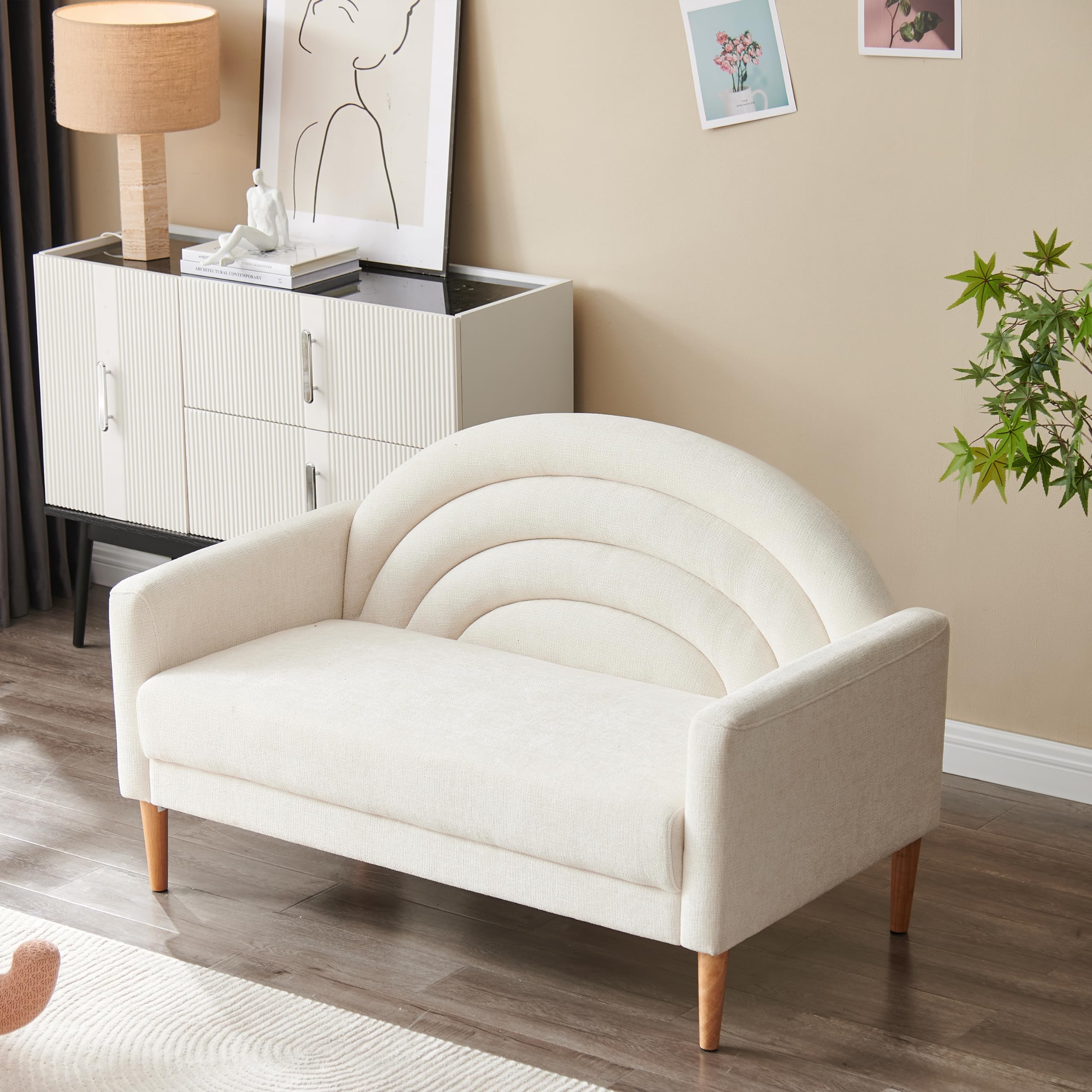 49.6" W Modern Loveseat Sofa Simple Assembly 2-Seat Couch for Living Room Wooden Legs Linen Upholstery (Cream)