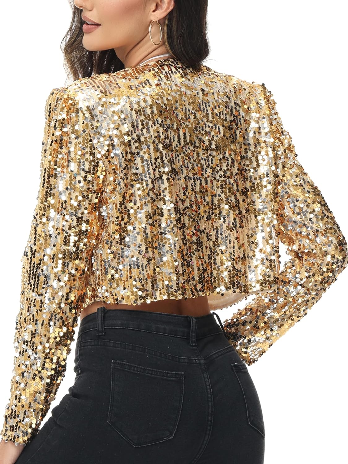Anna-Kaci Womens Shiny Sequin Long Sleeve Glitter Cropped Blazer Bolero Shrug - Image 3