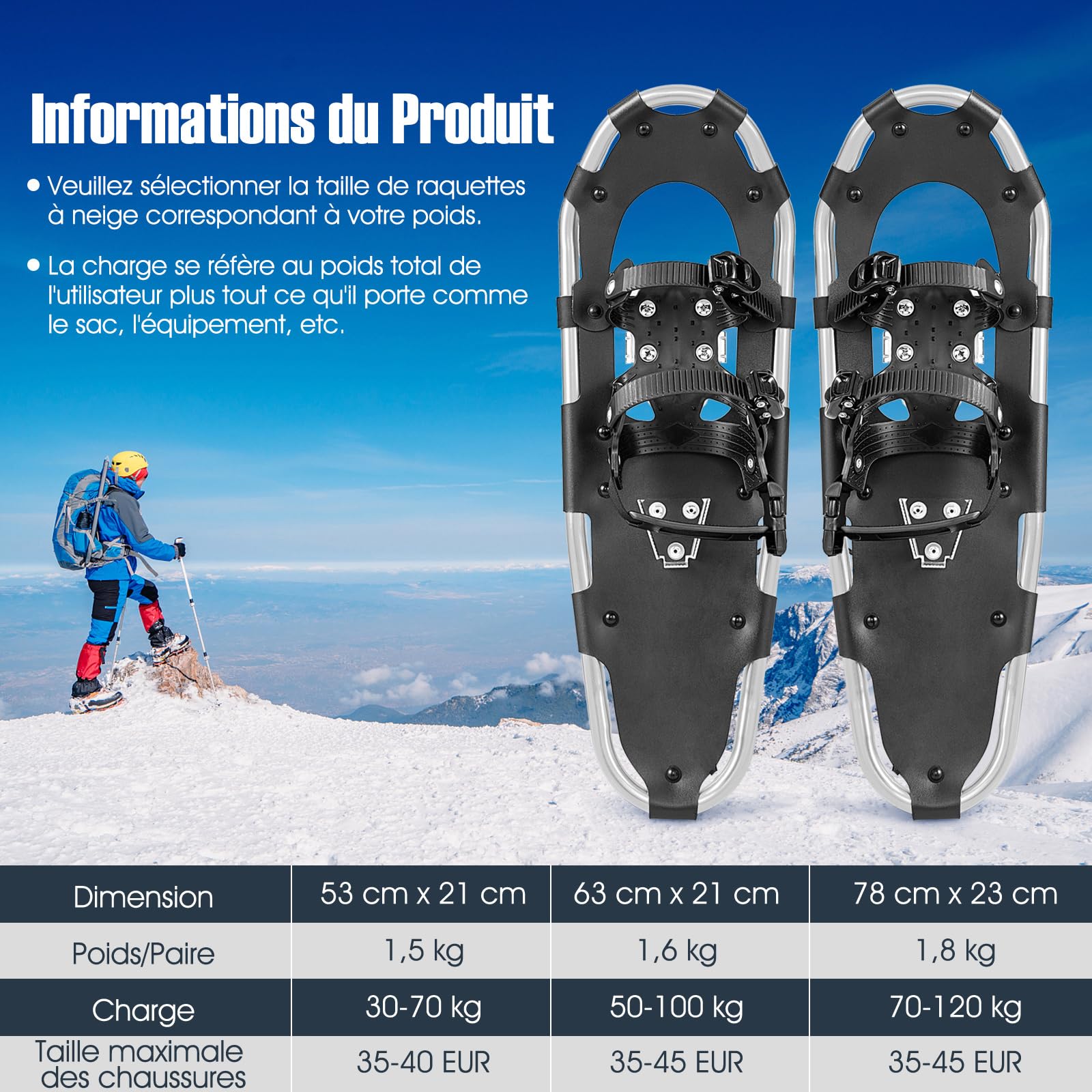 GOPLUS Raquettes de Neige Légères 21''/ 25''/30''pour Femmes, Hommes, Bâtons de Randonnée Antidérapants Réglables，en Alliage d'Aluminium, Sac de Transport Imperméable (Argenté,21'' | 53x21cm)