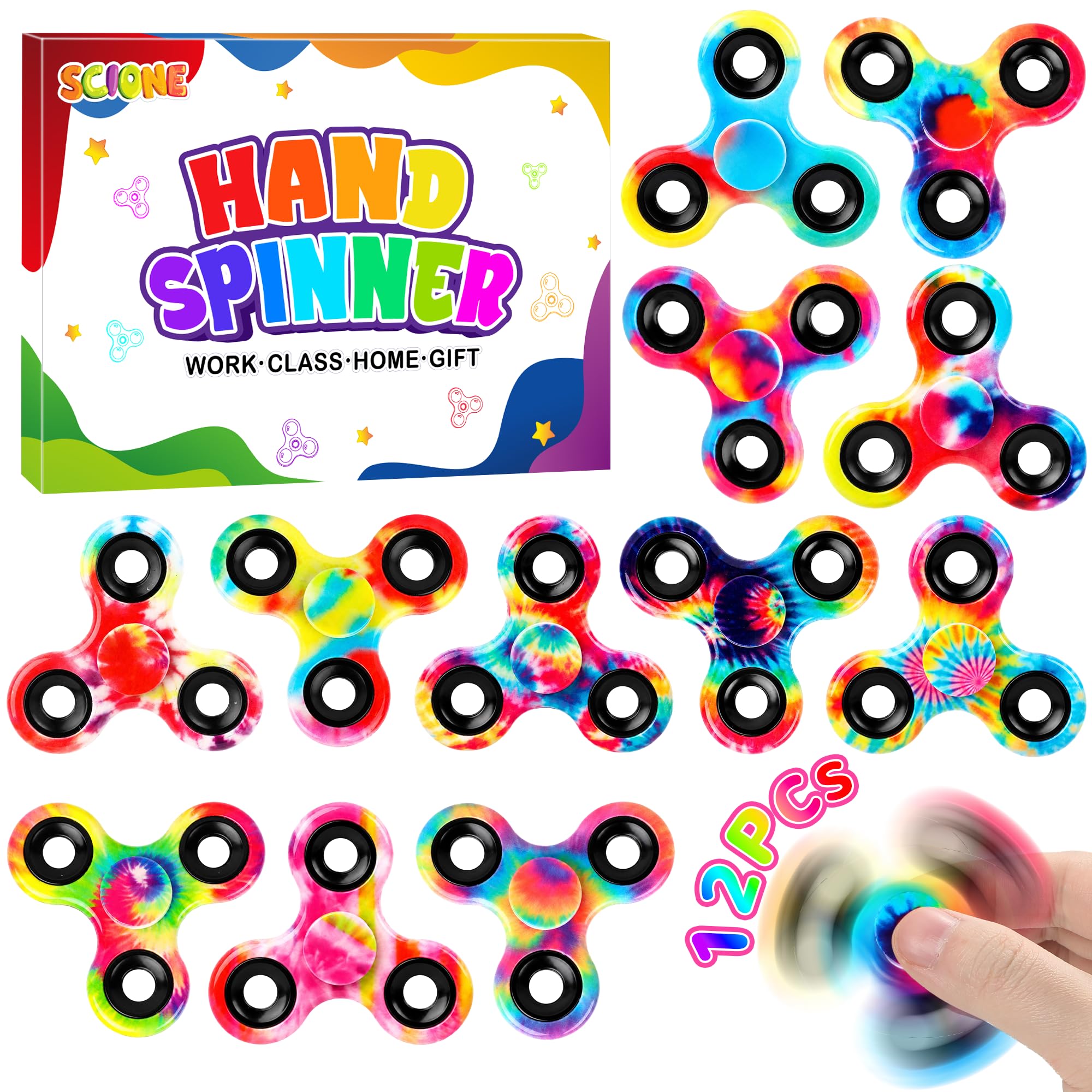 SCIONE [12 Pack] Colorful Fidget Spinners (2.48 Inch/6.3 cm), Vibrant Sensory Fidget Toys for Kids & Adults, Bulk Party Bag Fillers, High Speed Smooth Spin Finger Toy for Focus, Small Gifts for Kids